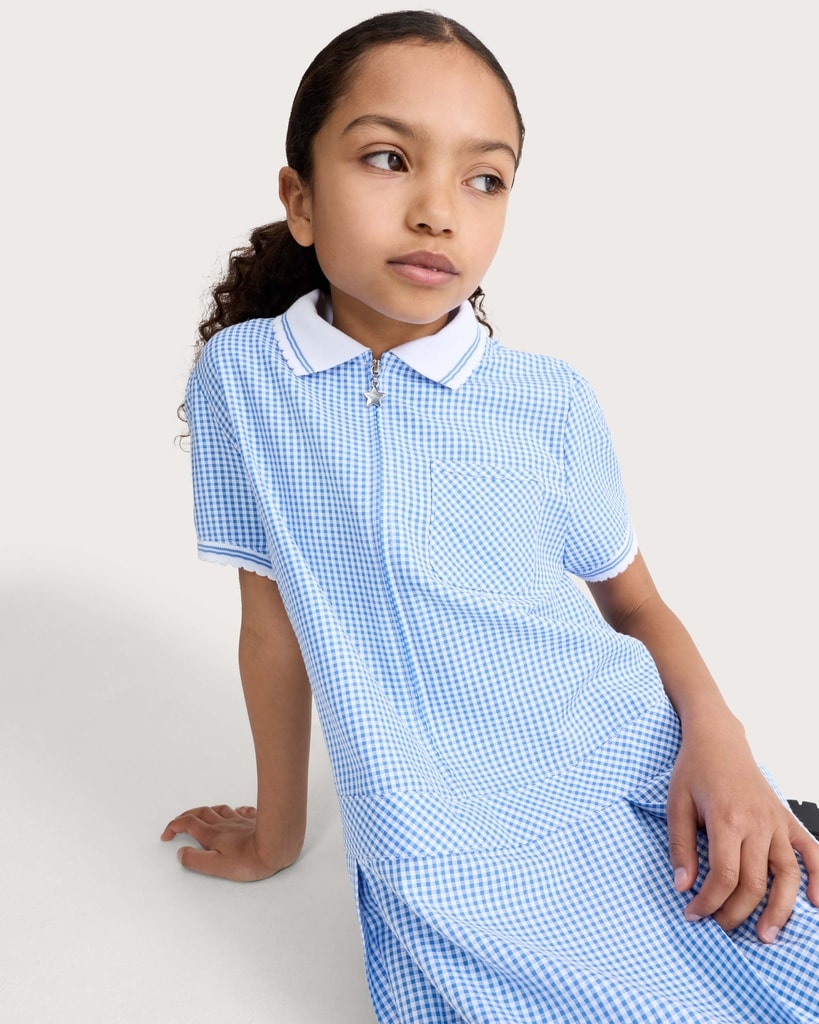 F&F School Girls 2-Pack Generous Fit Gingham Short Sleeved Dresses in Blue