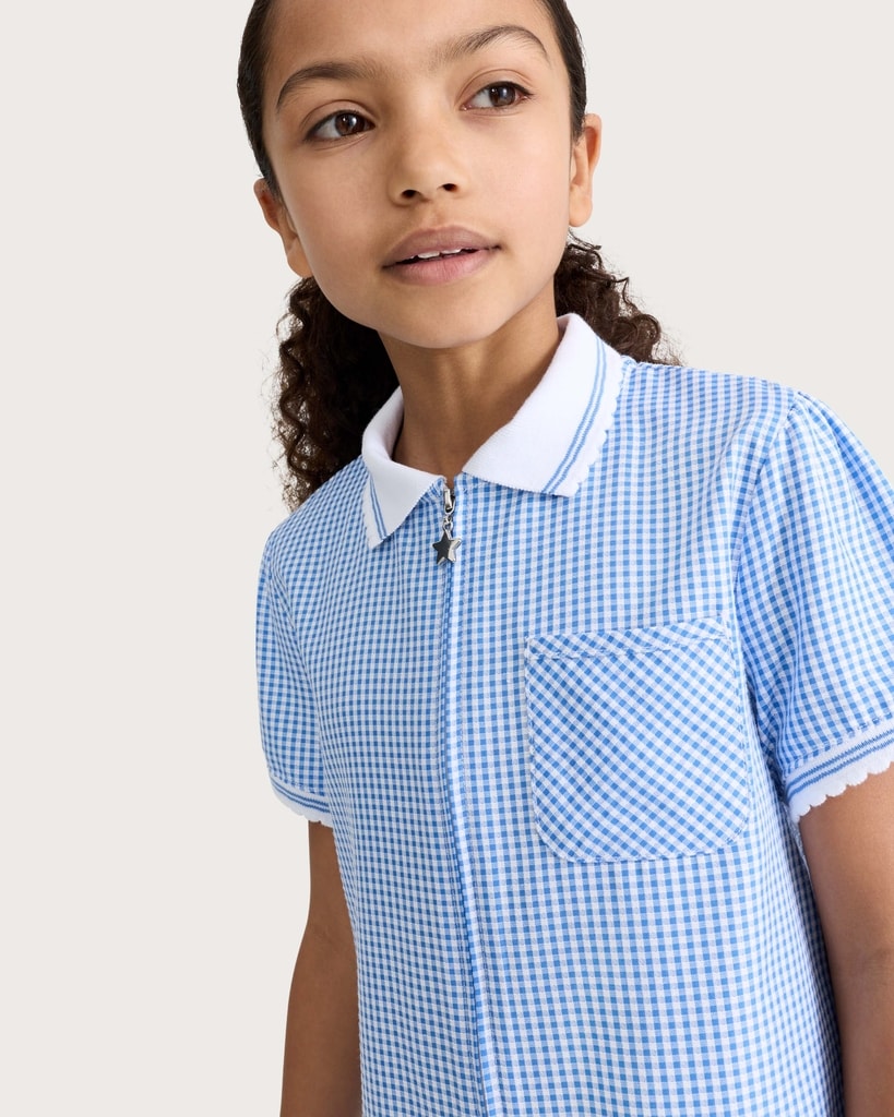 F&F School Girls 2-Pack Generous Fit Gingham Short Sleeved Dresses in Blue thumbnail 3