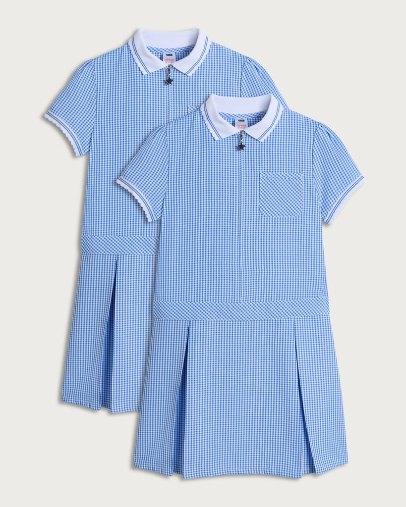 F&F School Girls 2-Pack Generous Fit Gingham Short Sleeved Dresses in Blue thumbnail 4