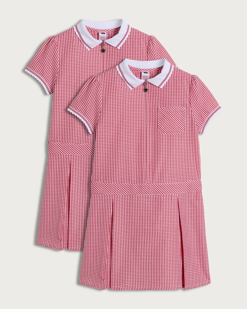 F&F School Girls 2-Pack Generous Fit Gingham Short Sleeved Dresses in Red thumbnail 4