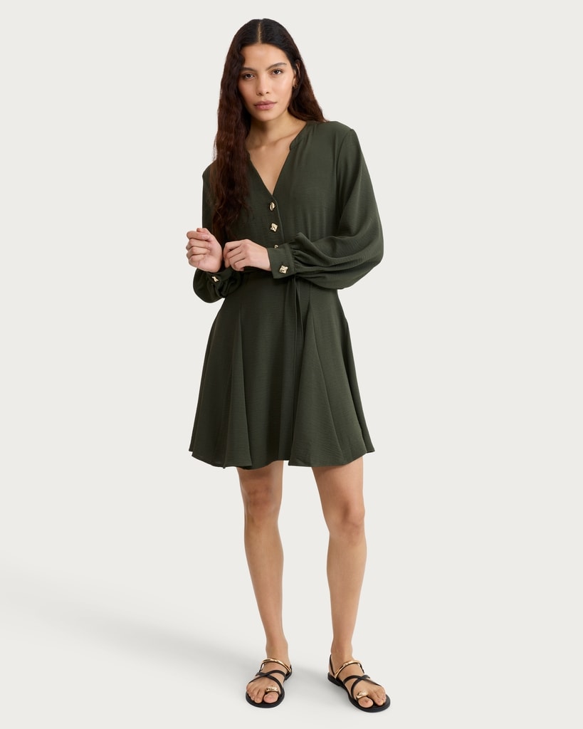 F&F Gold Button Belted Long Sleeved Mini Dress in Khaki