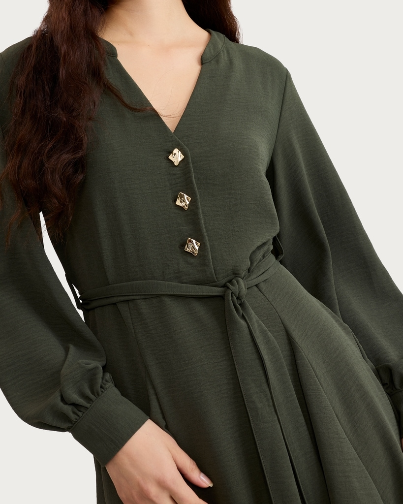 F&F Gold Button Belted Long Sleeved Mini Dress in Khaki thumbnail 2