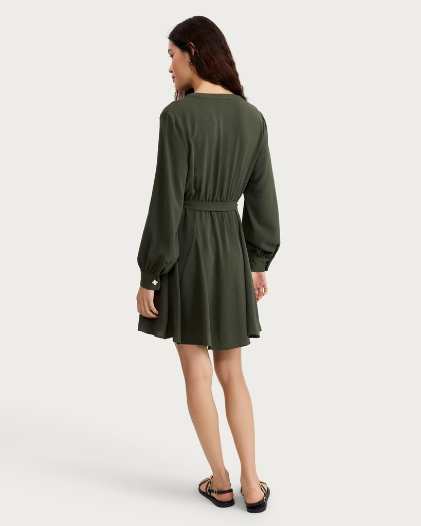 F&F Gold Button Belted Long Sleeved Mini Dress in Khaki thumbnail 3