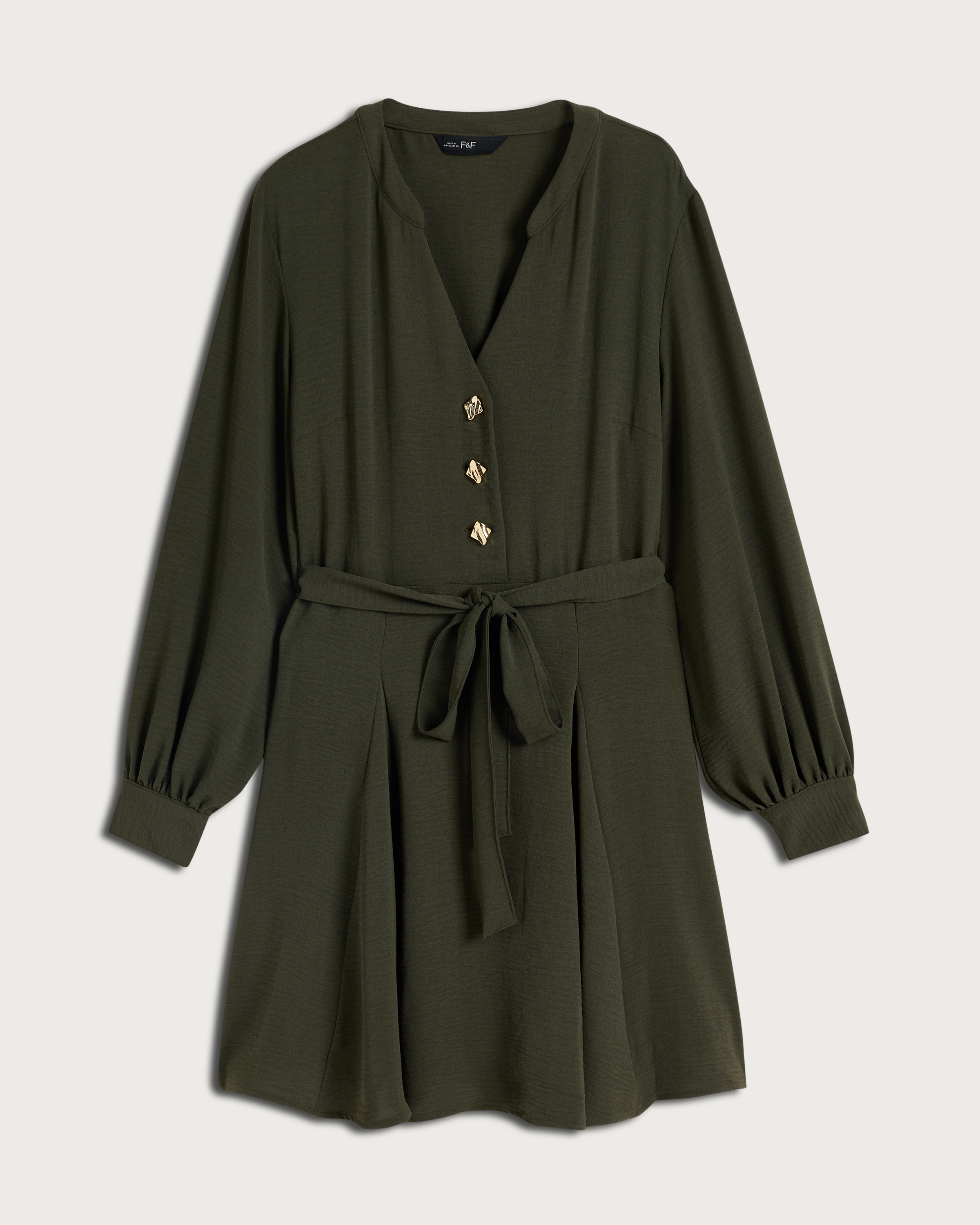 F&F Gold Button Belted Long Sleeved Mini Dress in Khaki thumbnail 4