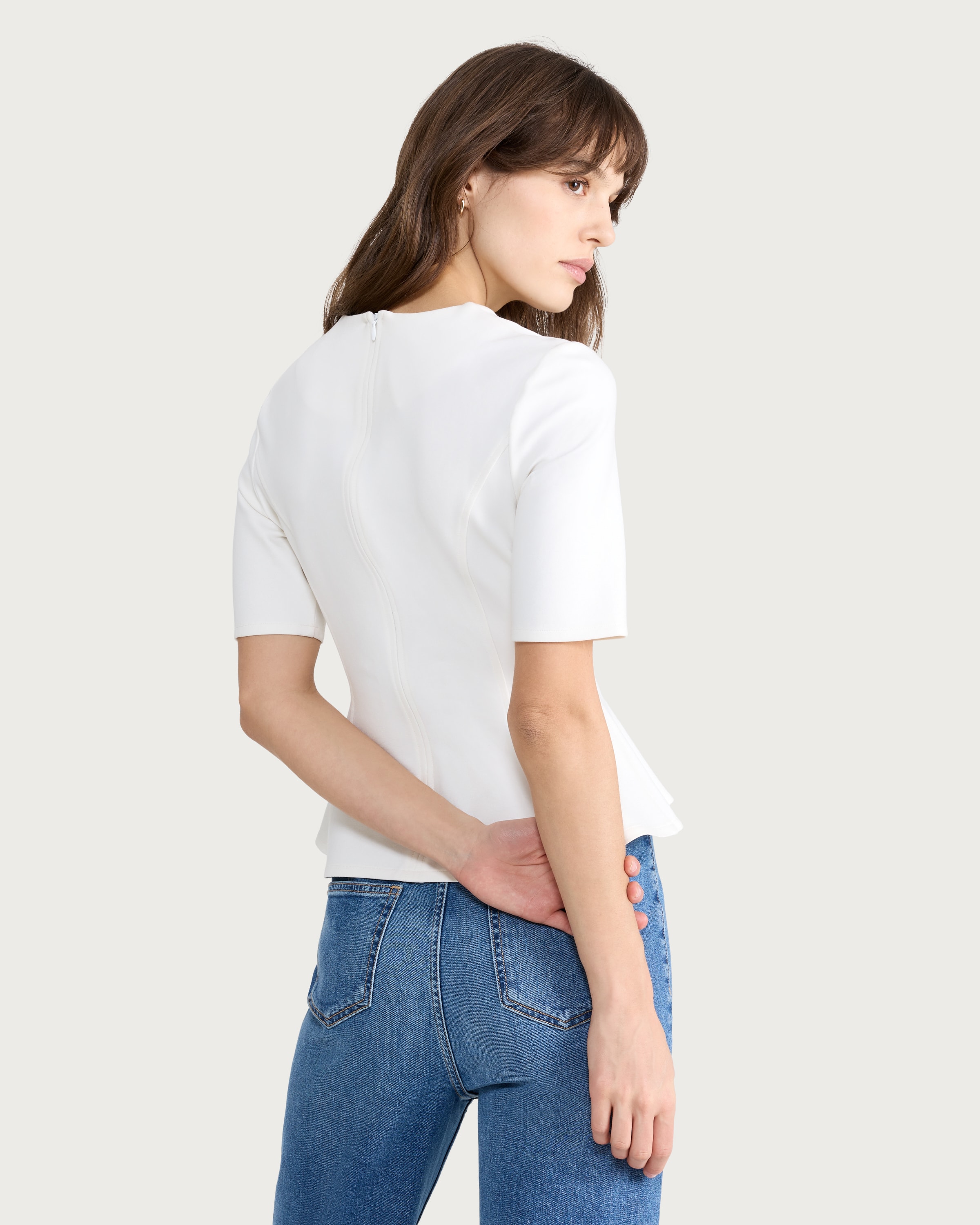 F&F Ponte Seam Peplum Hem Top in Cream thumbnail 3