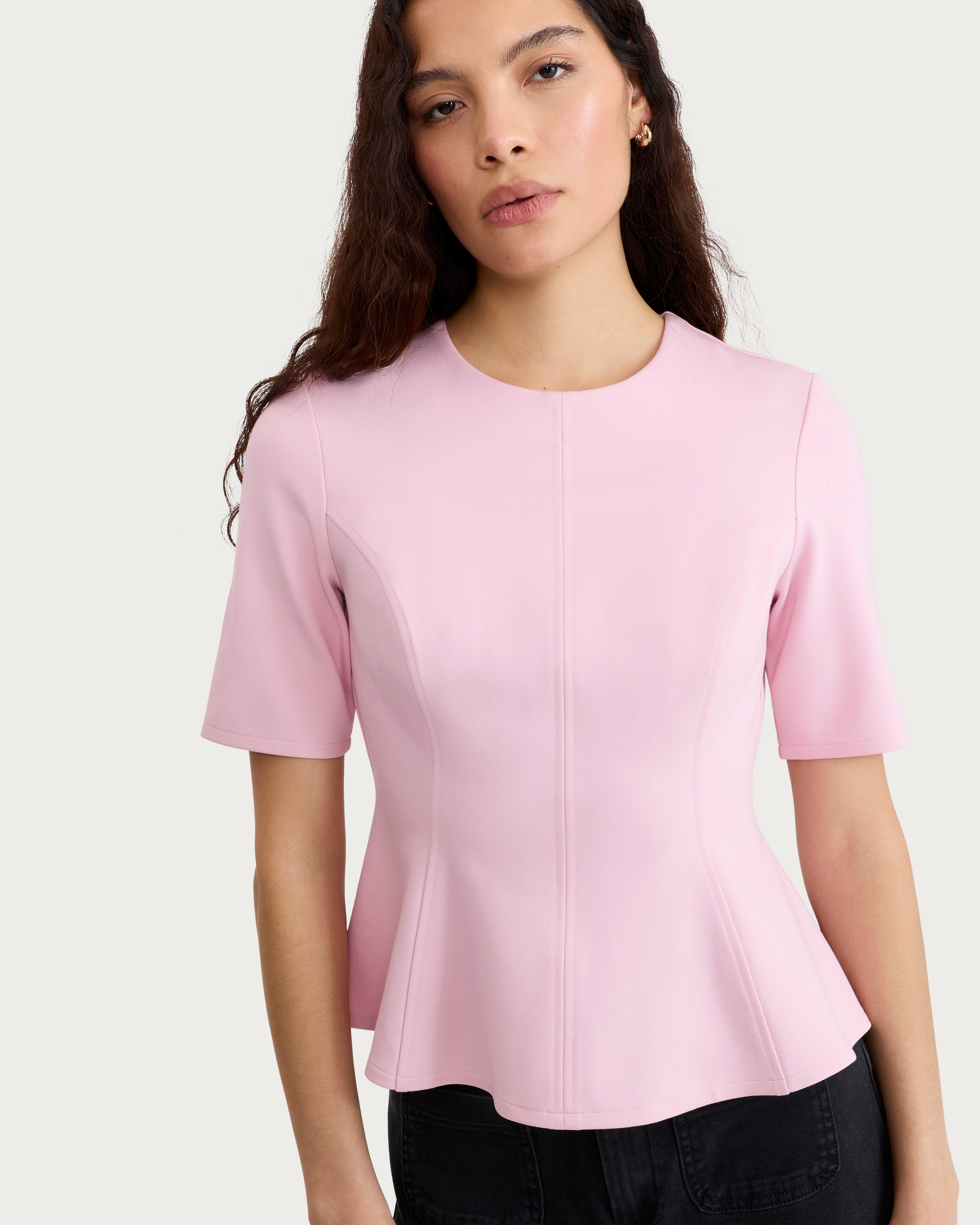 F&F Ponte Seam Peplum Hem Top in Pink thumbnail 2