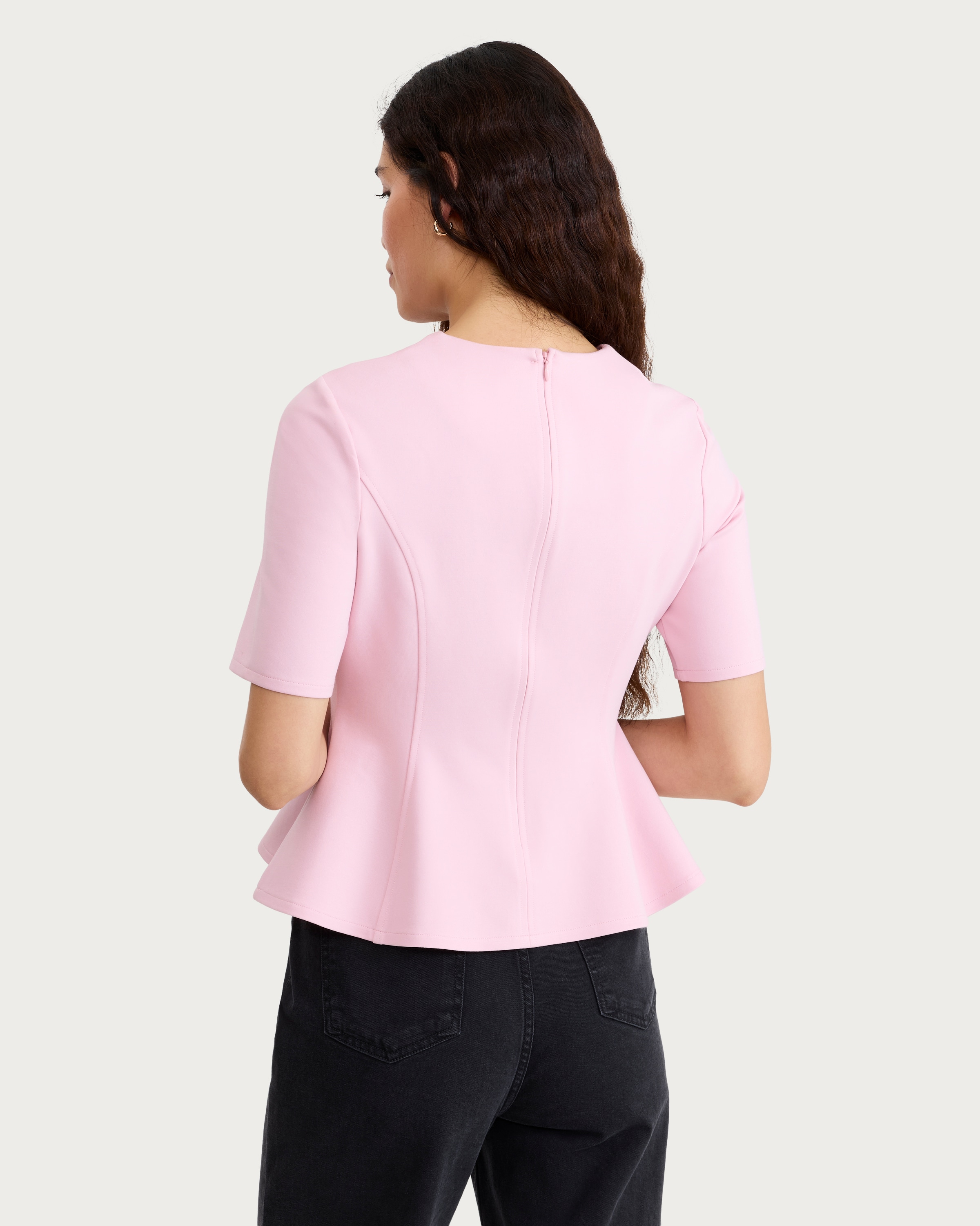 F&F Ponte Seam Peplum Hem Top in Pink thumbnail 3