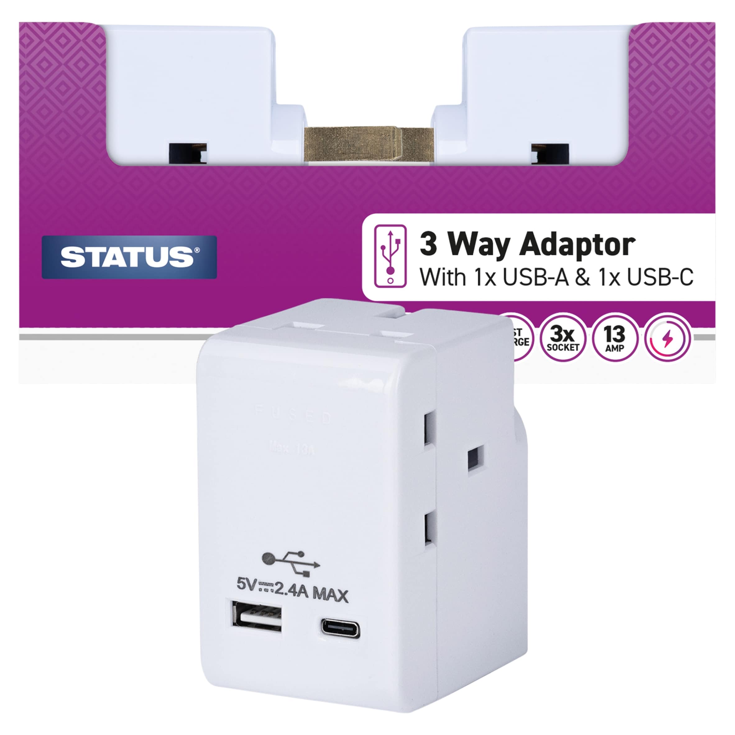 STATUS 3 WAY PLUG ADAPTOR WITH USB A AND C PORTS 18W