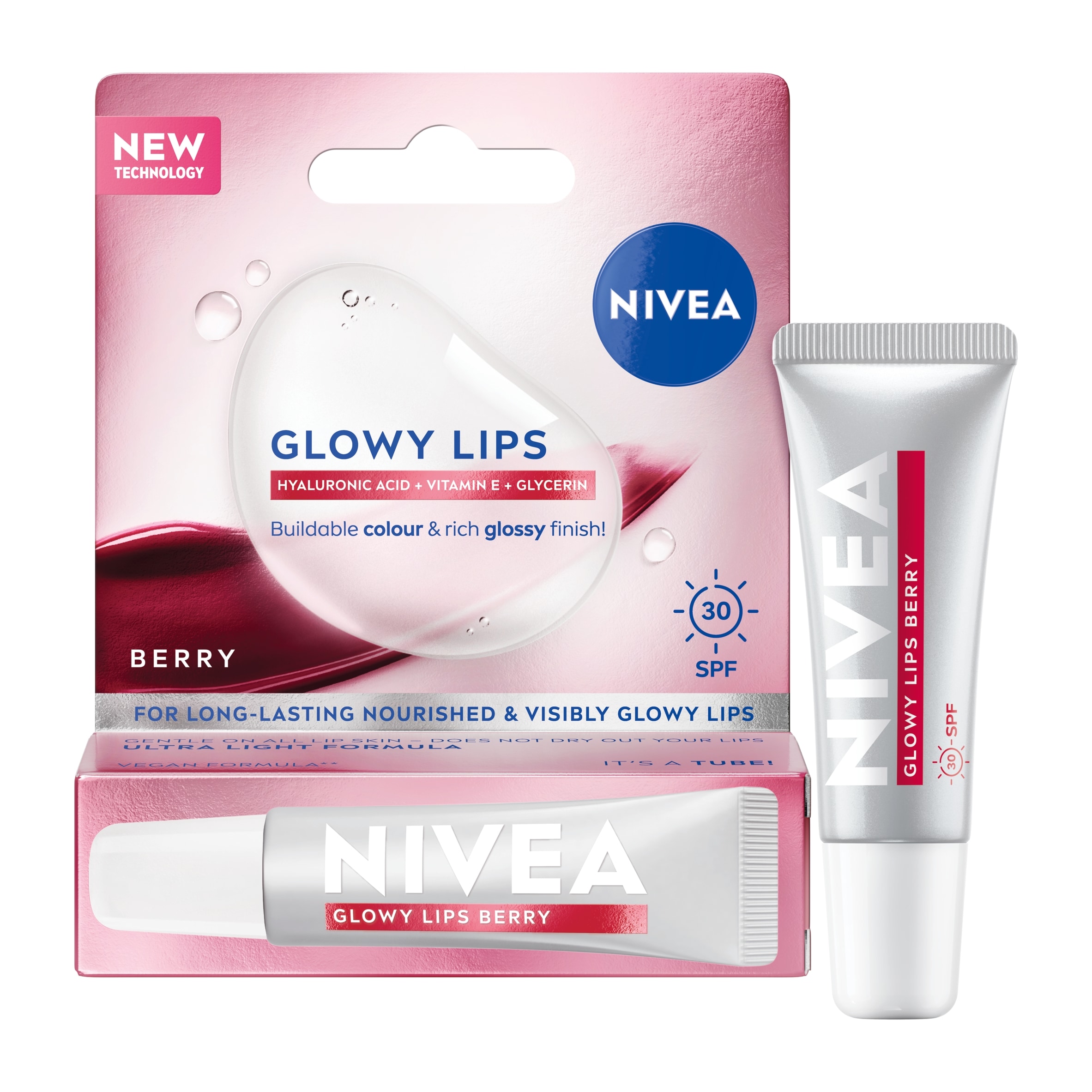 NIVEA Glowy Lip Balm Tube Berry SPF30 with Hyaluronic Acid 10ml