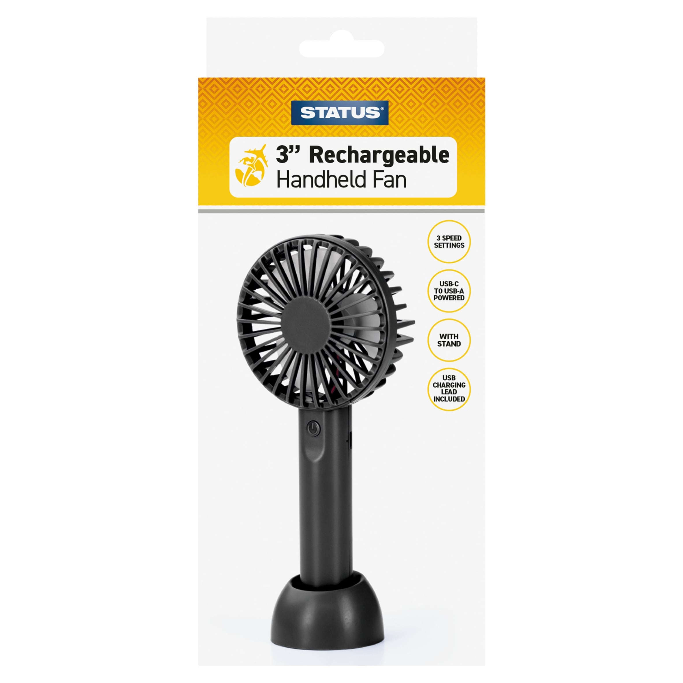 Status 3" USB-C-A Black Rechargeable Handheld Fan.