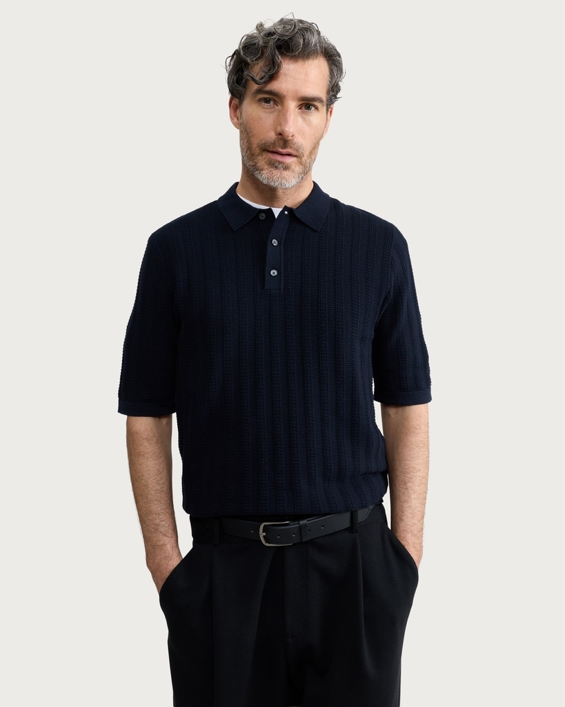 F&F Cotton Rich Knitted Short Sleeved Polo Shirt in Navy