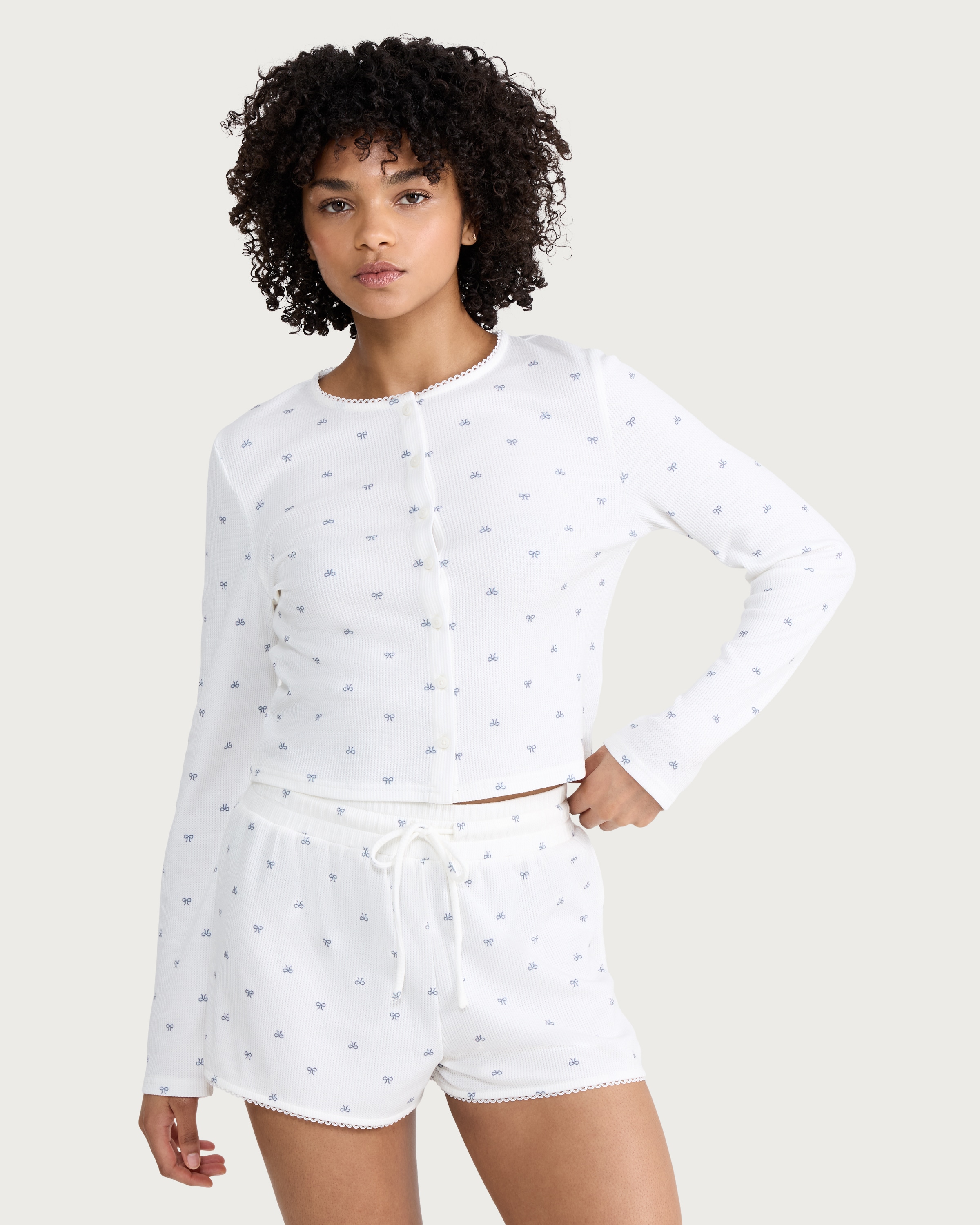 OH ME OH MY Ribbed Bow Print Button Up Pyjama Cardigan in White thumbnail 2