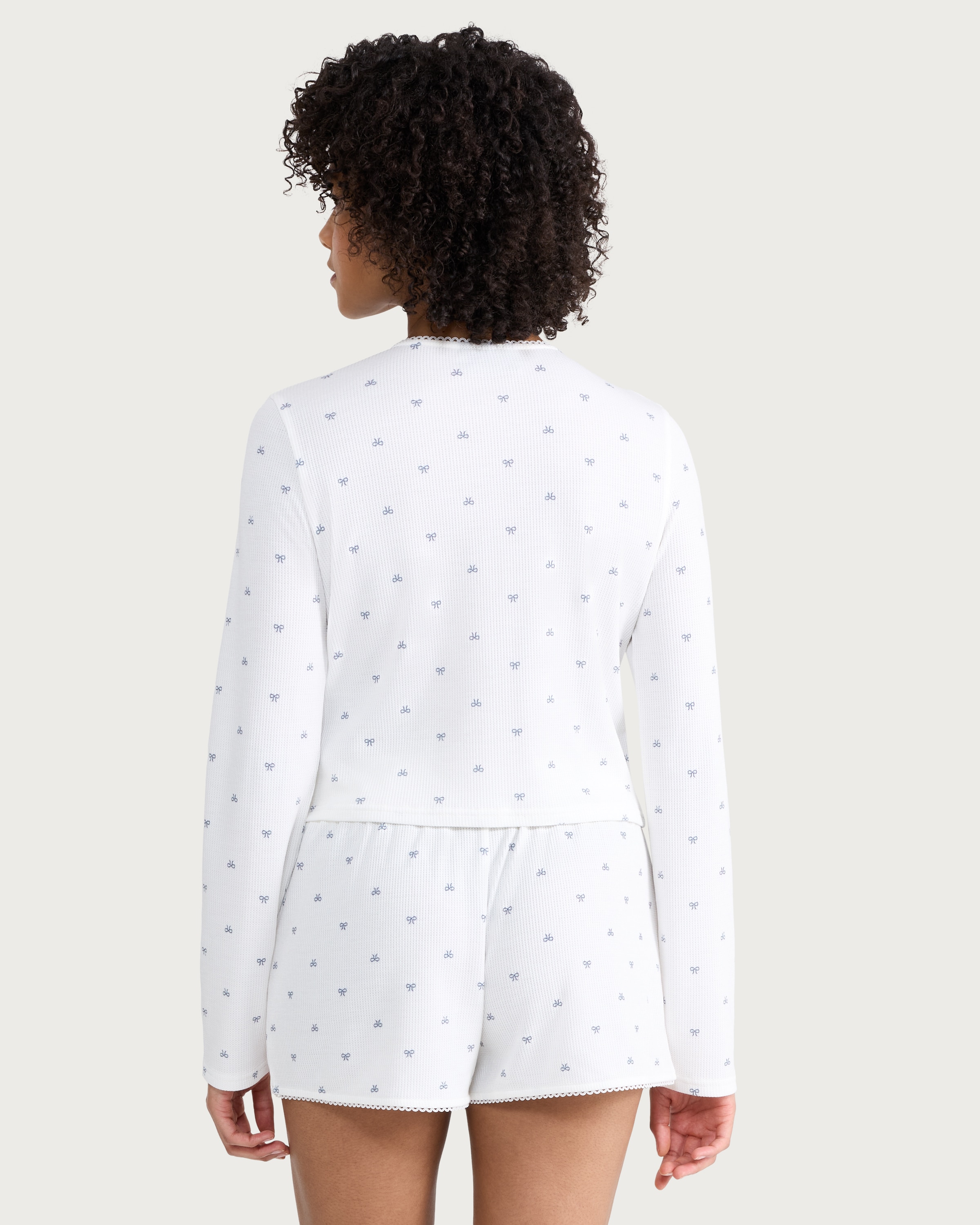 OH ME OH MY Ribbed Bow Print Button Up Pyjama Cardigan in White thumbnail 3