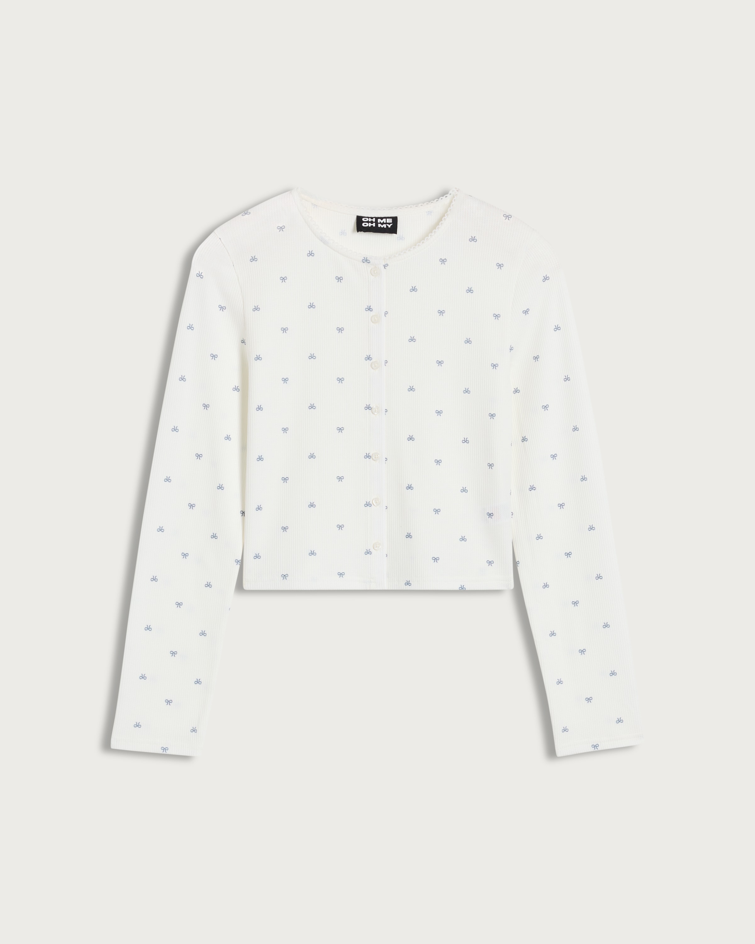 OH ME OH MY Ribbed Bow Print Button Up Pyjama Cardigan in White thumbnail 4