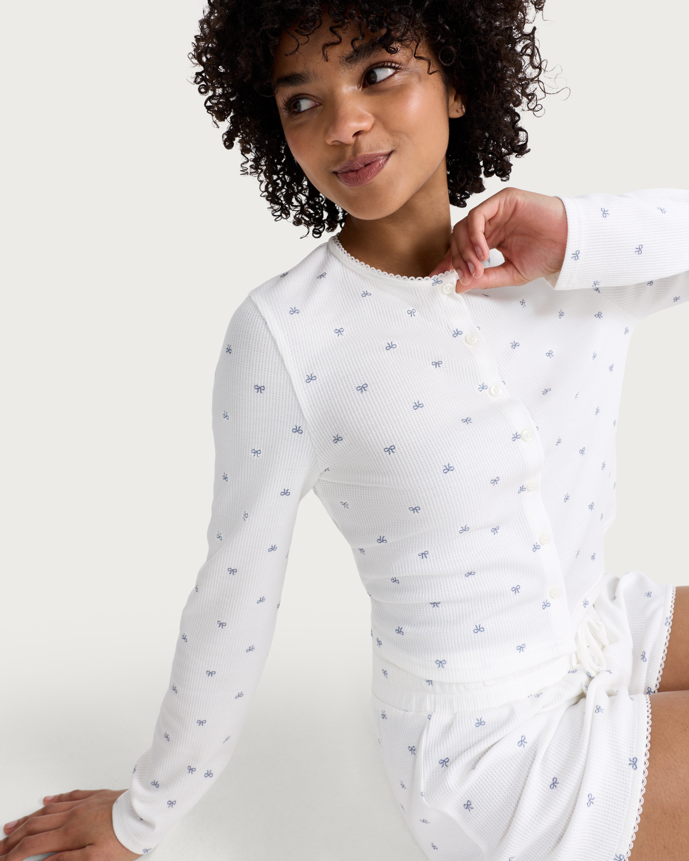 OH ME OH MY Ribbed Bow Print Button Up Pyjama Cardigan in White