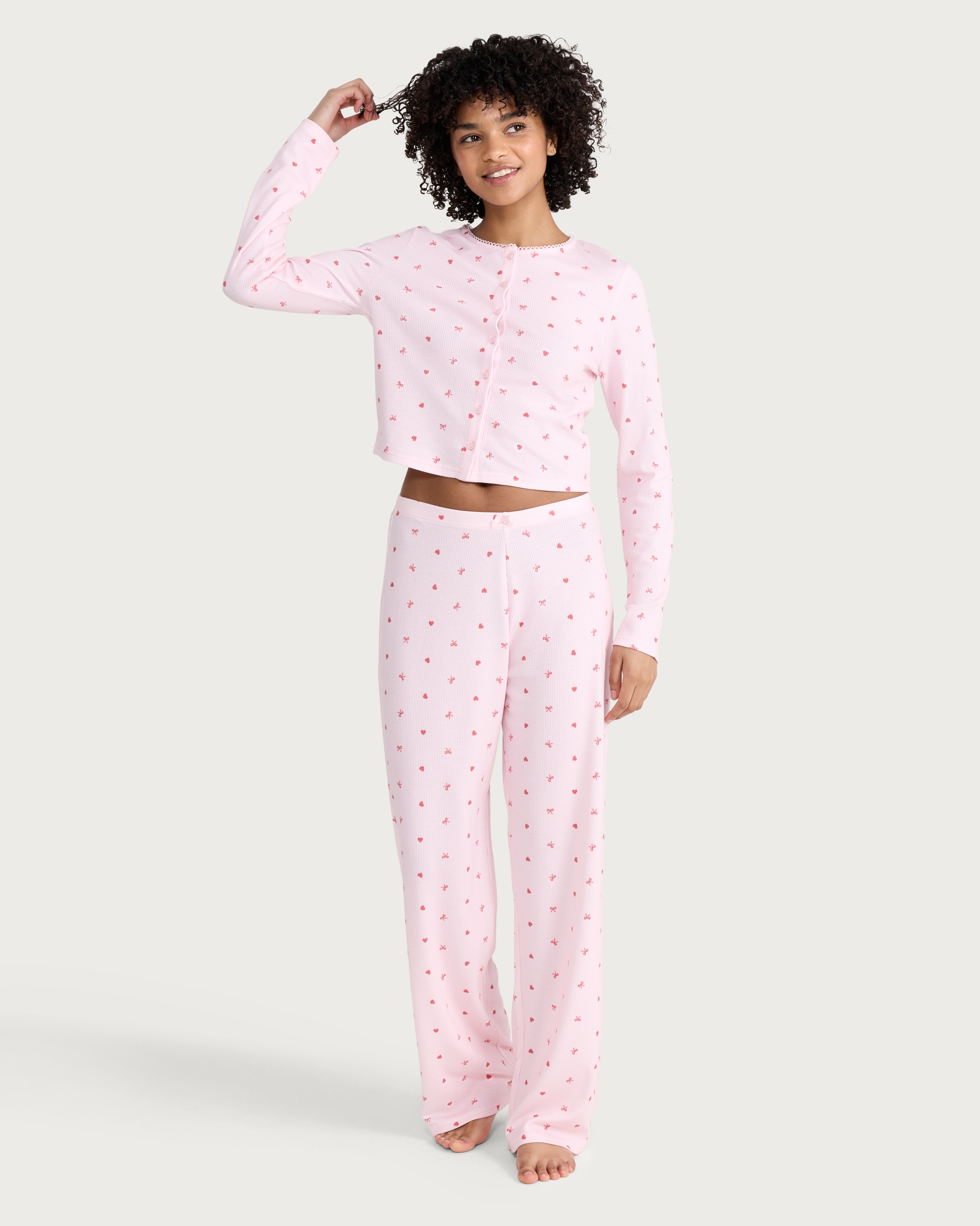 OH ME OH MY Ribbed Heart Bow Print Pyjama Bottoms in Pink