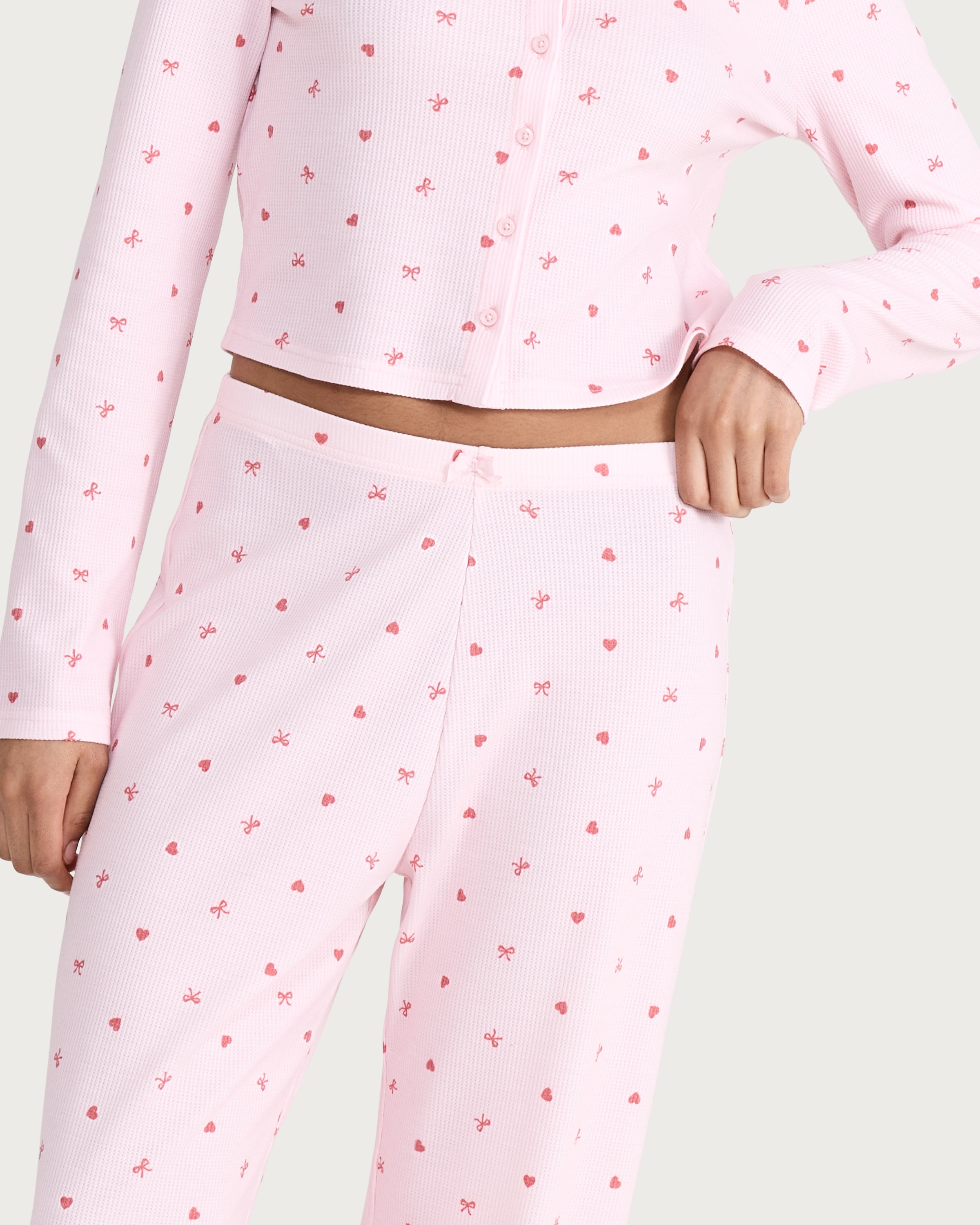 OH ME OH MY Ribbed Heart Bow Print Pyjama Bottoms in Pink thumbnail 2
