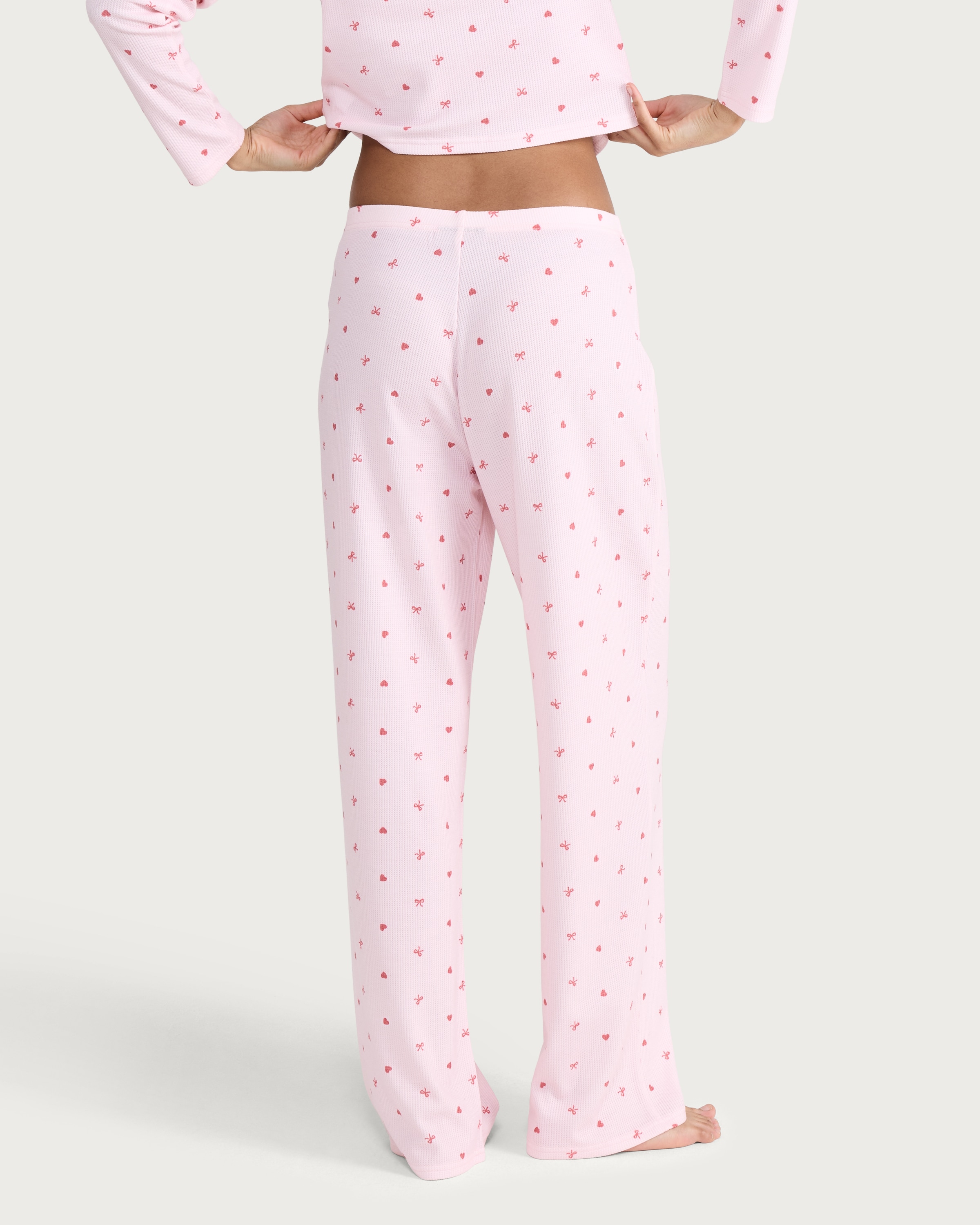 OH ME OH MY Ribbed Heart Bow Print Pyjama Bottoms in Pink thumbnail 3