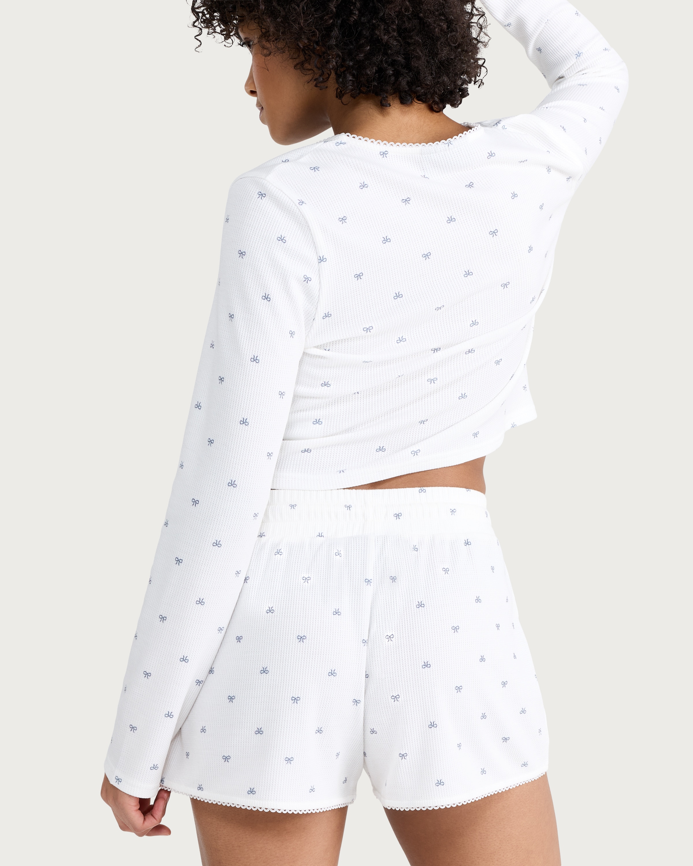 OH ME OH MY Ribbed Bow Print Pyjama Shorts in White thumbnail 3