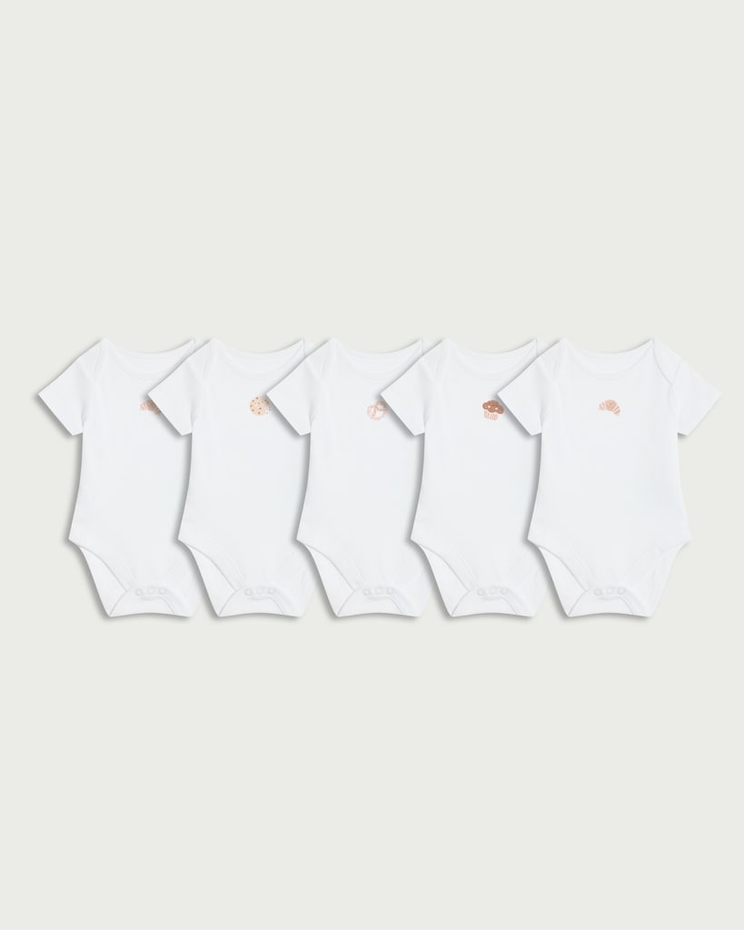 F&F Baby 5-Pack Pure Cotton Food Print Bodysuits in White