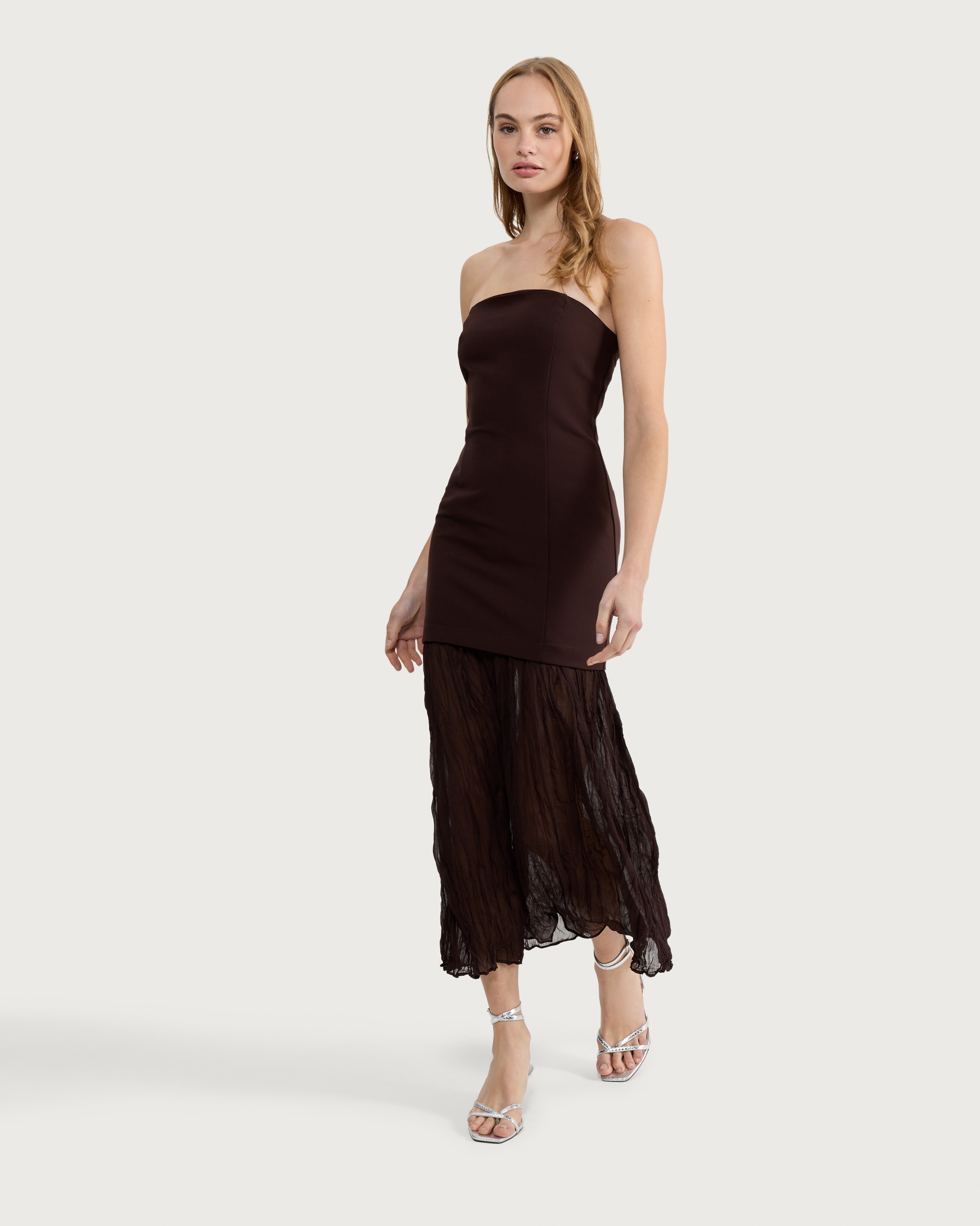 F&F Strapless Chiffon Hem Midi Dress in Brown