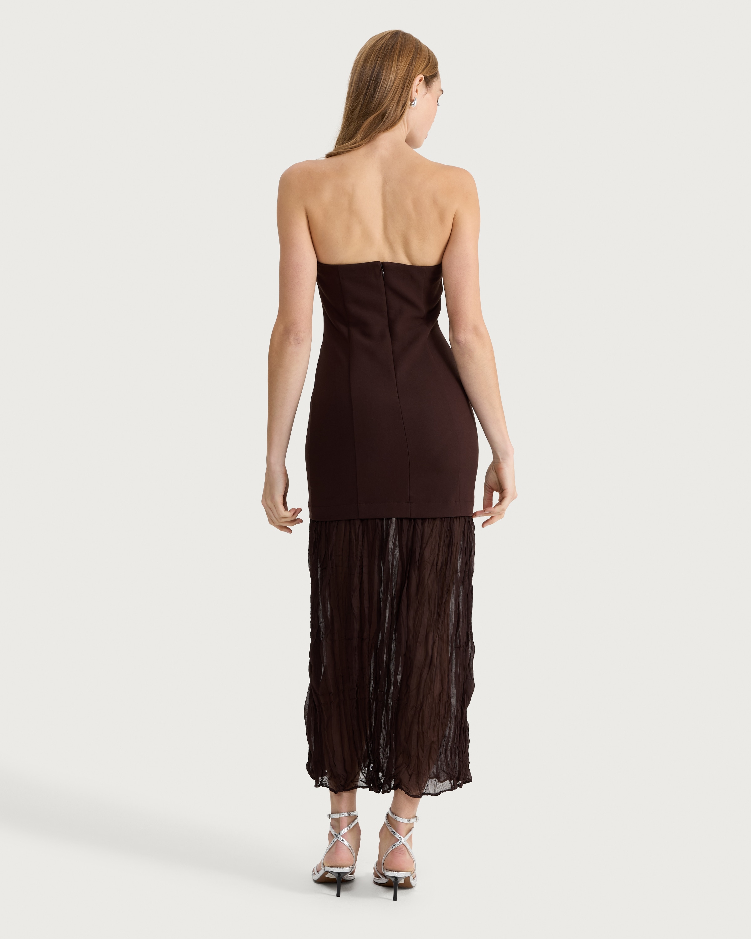 F&F Strapless Chiffon Hem Midi Dress in Brown thumbnail 3
