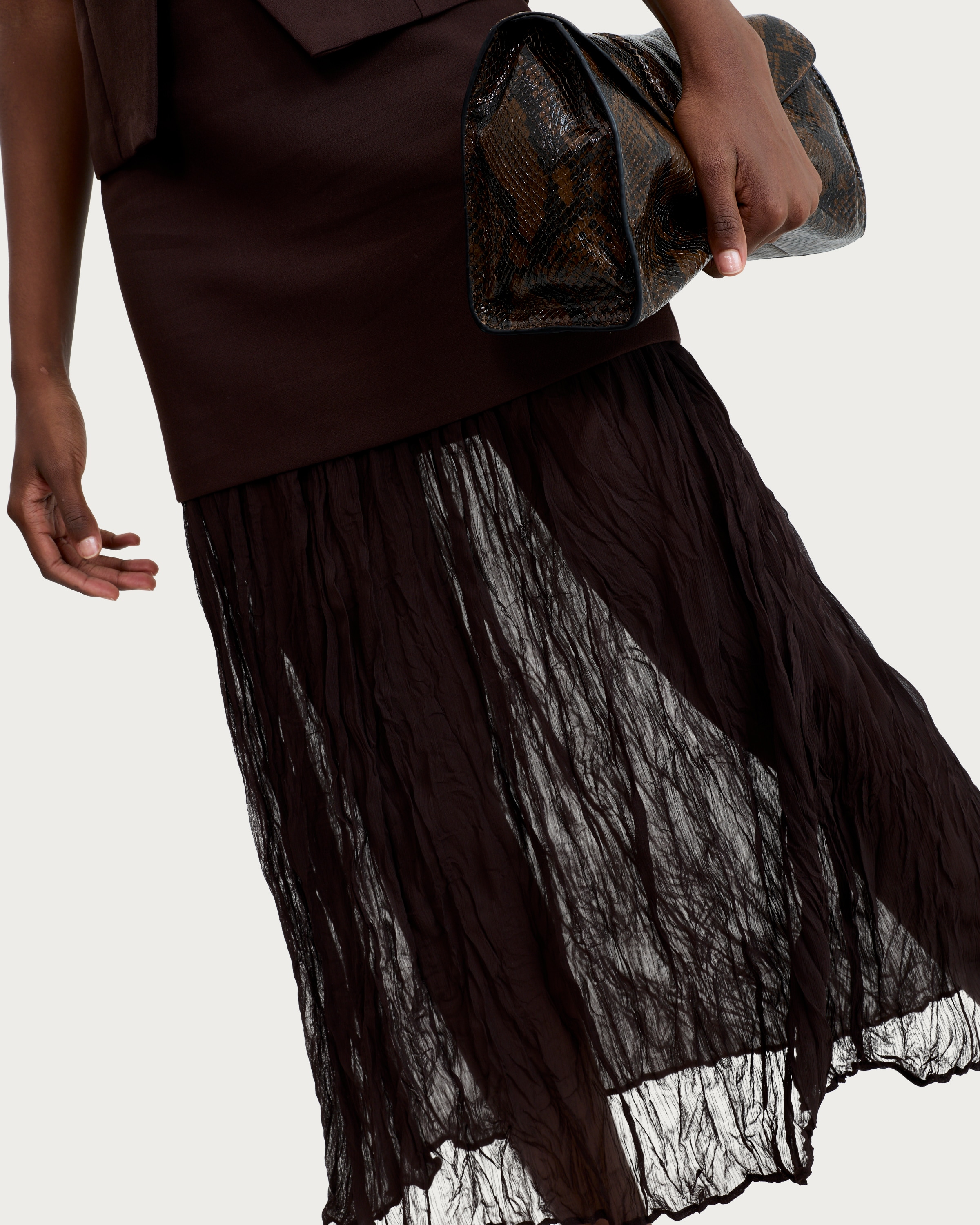 F&F Crinkle Textured Layered Co-ord Midi Skirt in Brown thumbnail 2