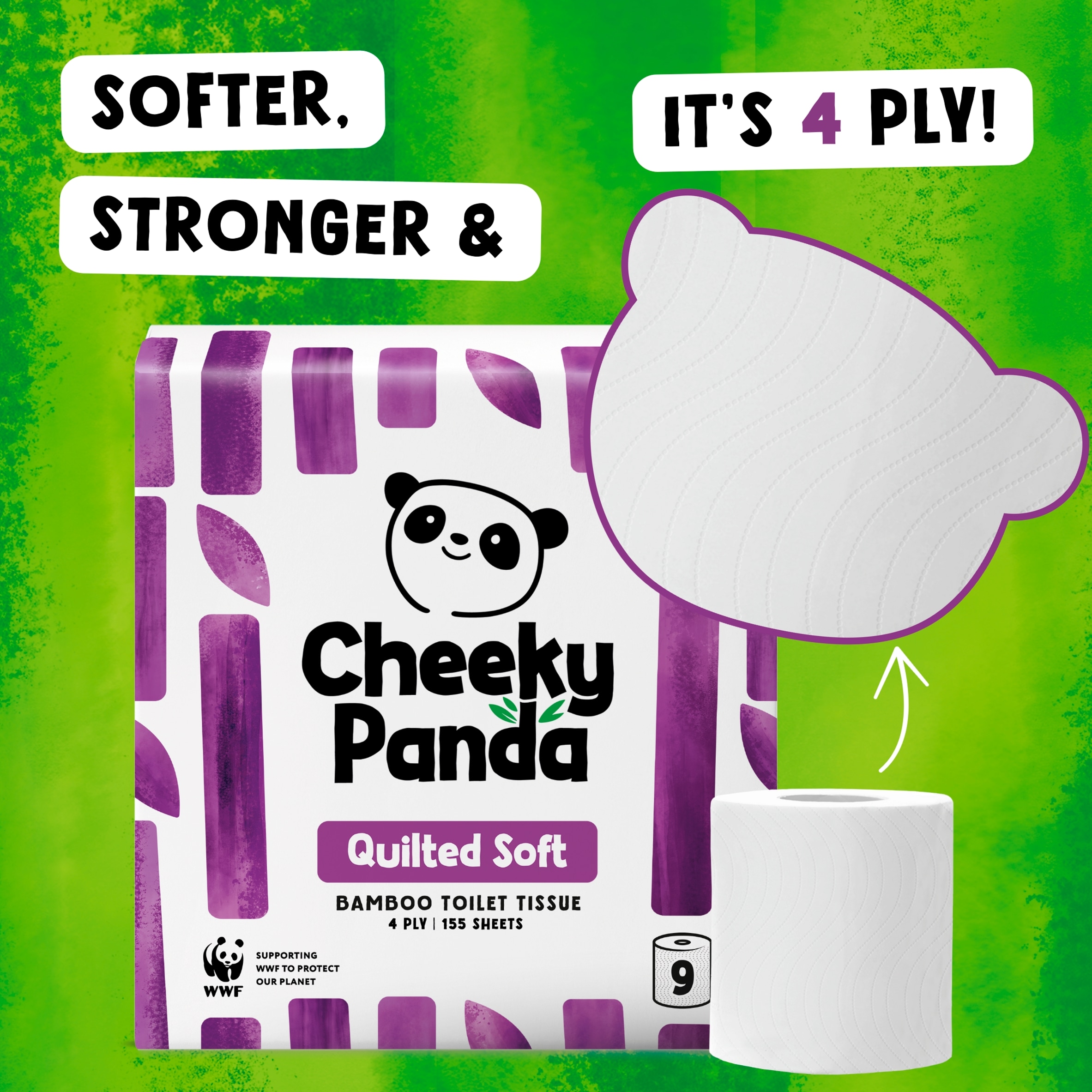 Cheeky Panda Quilted Soft Bamboo 4ply Toilet Tissue 9 rolls thumbnail 2