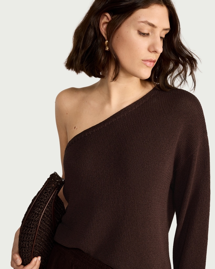 F&F Knitted One Shoulder Jumper in Chocolate thumbnail 2