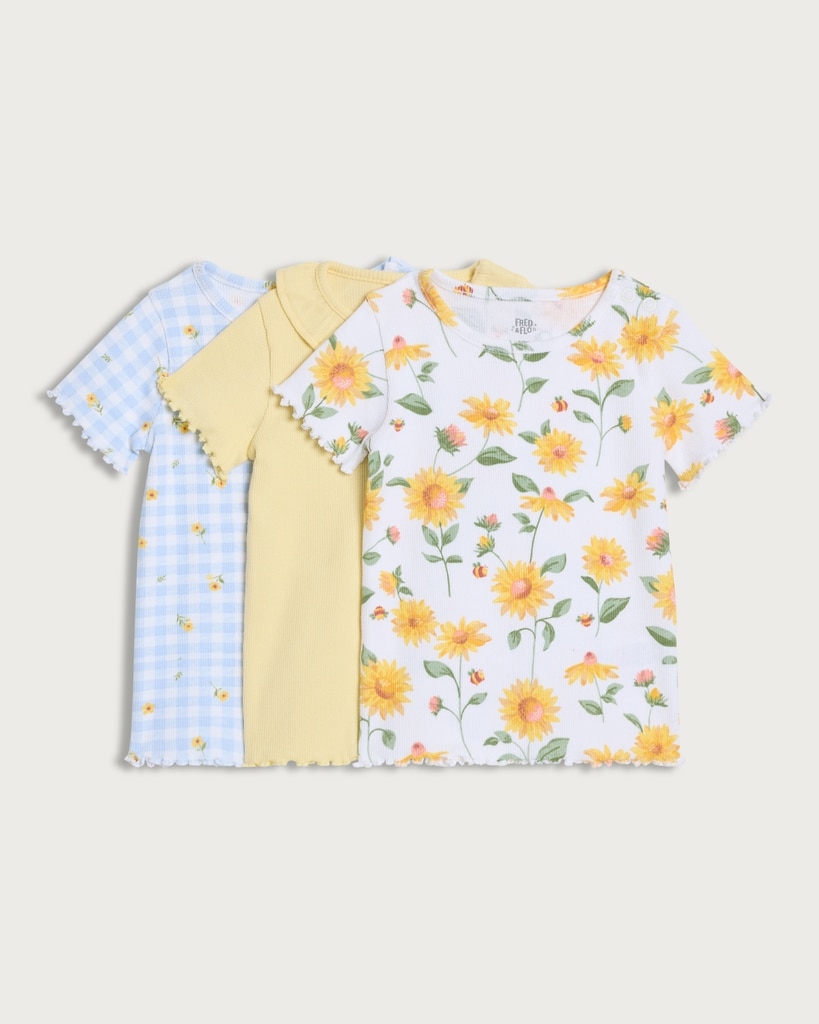 F&F Baby 3-Pack Cotton Rich Ribbed Sunflower Print T-Shirts in Yellow