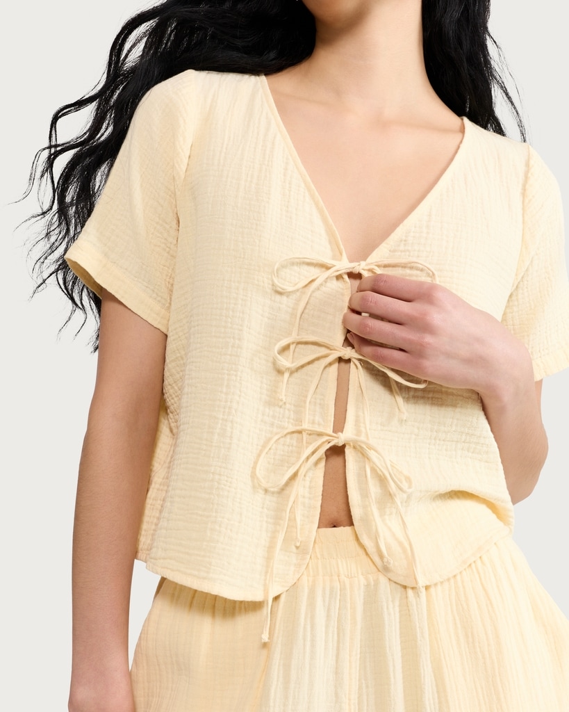 F&F Pure Cotton Double Cloth Tie Front Pyjama Set in Yellow