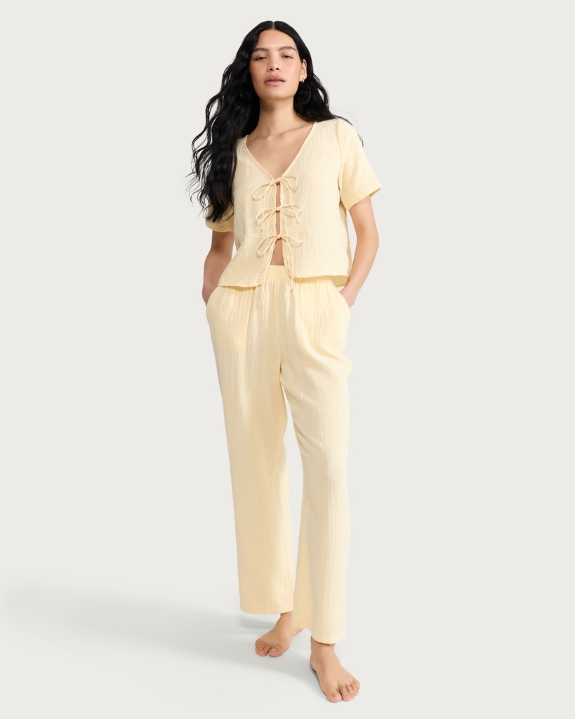 F&F Pure Cotton Double Cloth Tie Front Pyjama Set in Yellow thumbnail 2