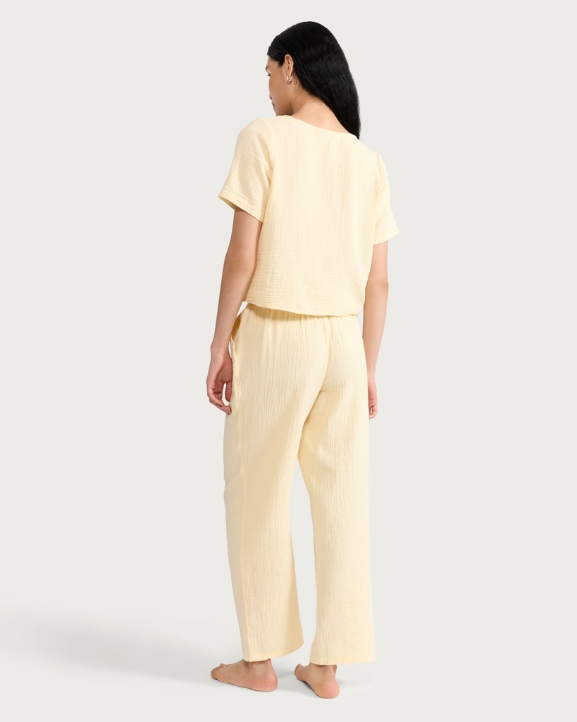F&F Pure Cotton Double Cloth Tie Front Pyjama Set in Yellow thumbnail 3