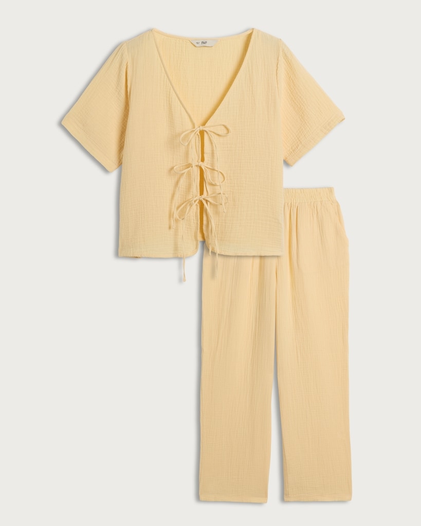 F&F Pure Cotton Double Cloth Tie Front Pyjama Set in Yellow thumbnail 4