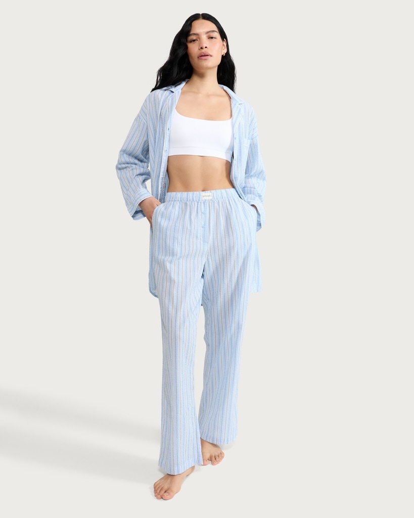 F&F Pure Cotton Textured Striped Wide Leg Pyjama Bottoms in Multi Blue