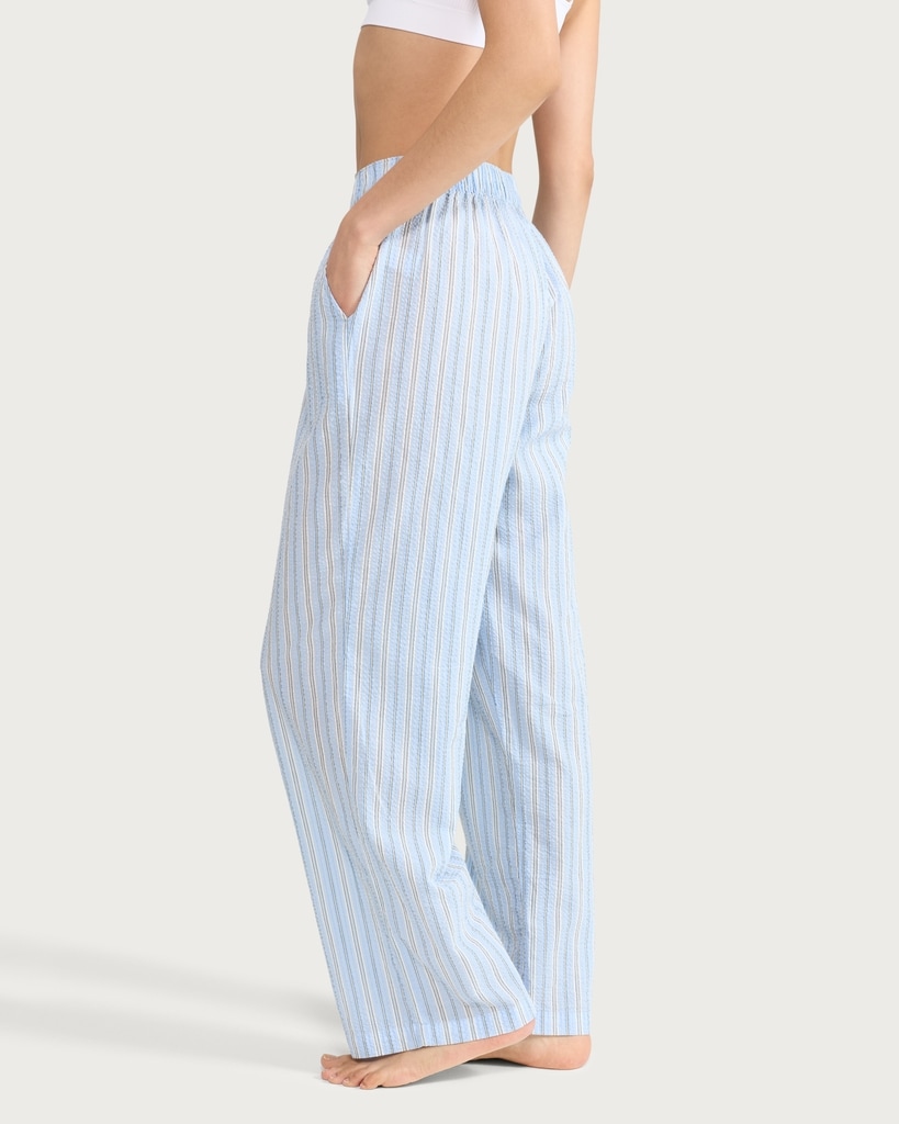 F&F Pure Cotton Textured Striped Wide Leg Pyjama Bottoms in Multi Blue thumbnail 3