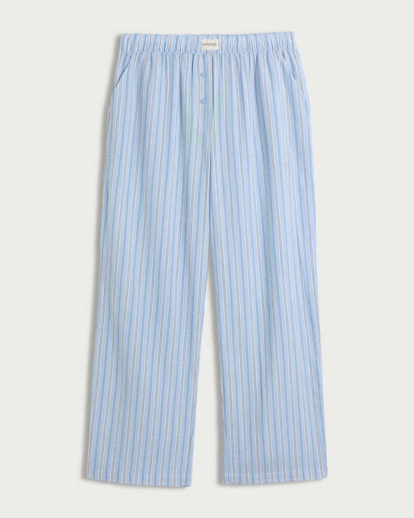 F&F Pure Cotton Textured Striped Wide Leg Pyjama Bottoms in Multi Blue thumbnail 4