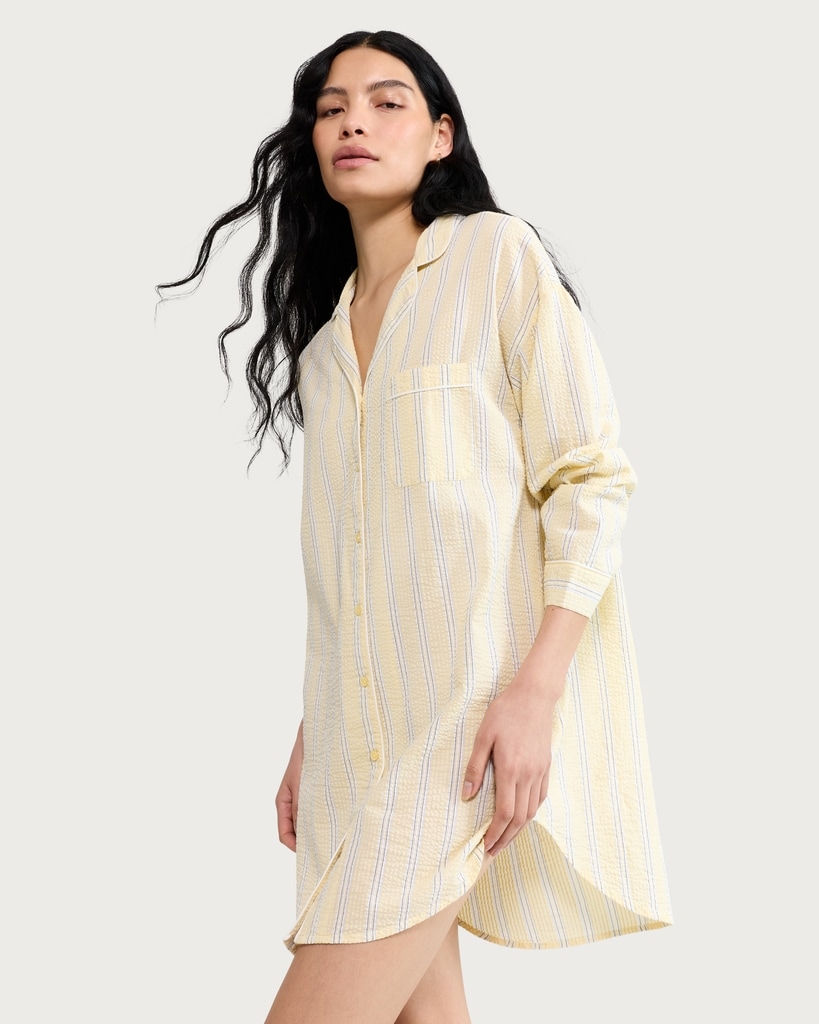 F&F Pure Cotton Striped Pyjama Shirt in Multi Yellow