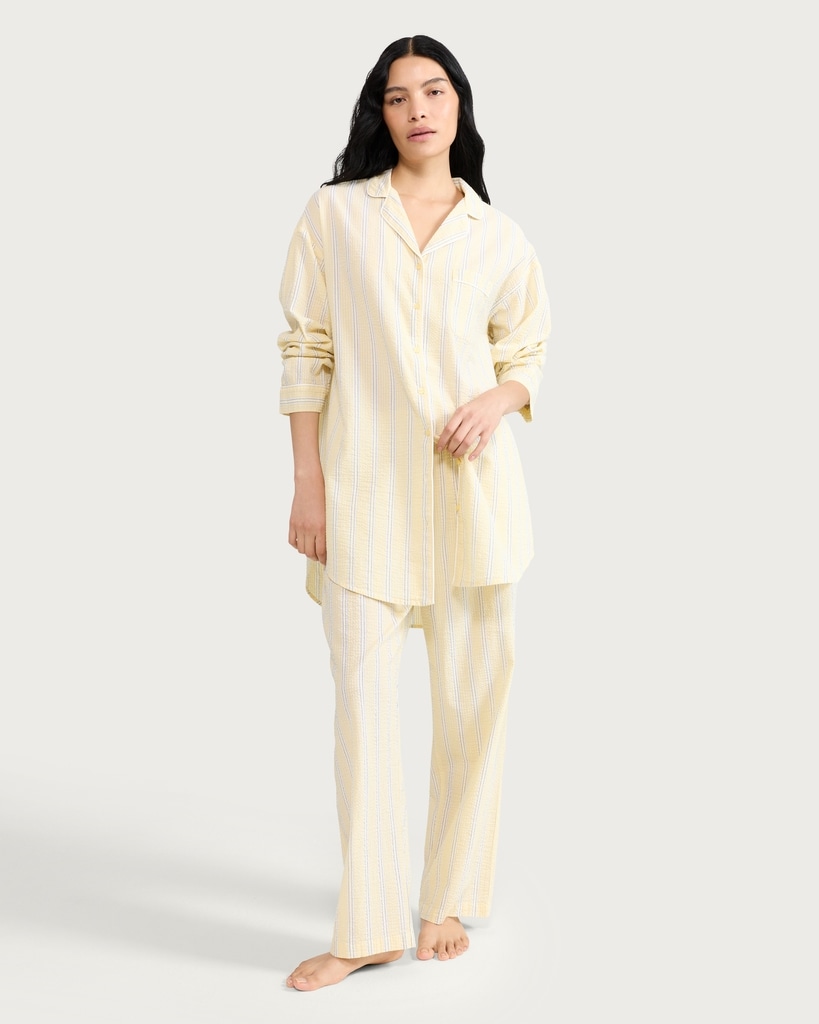 F&F Pure Cotton Striped Pyjama Shirt in Multi Yellow thumbnail 2