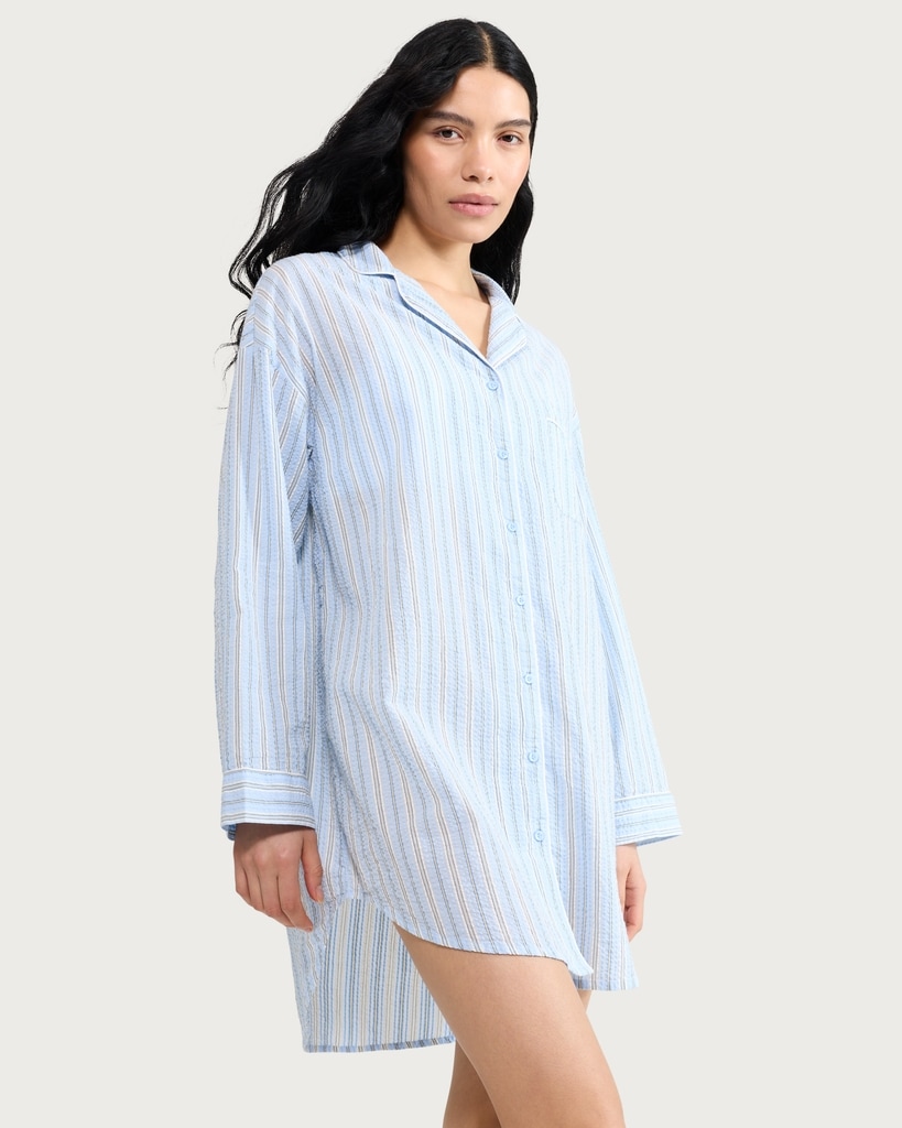 F&F Pure Cotton Textured Striped Pyjama Shirt in Multi Blue