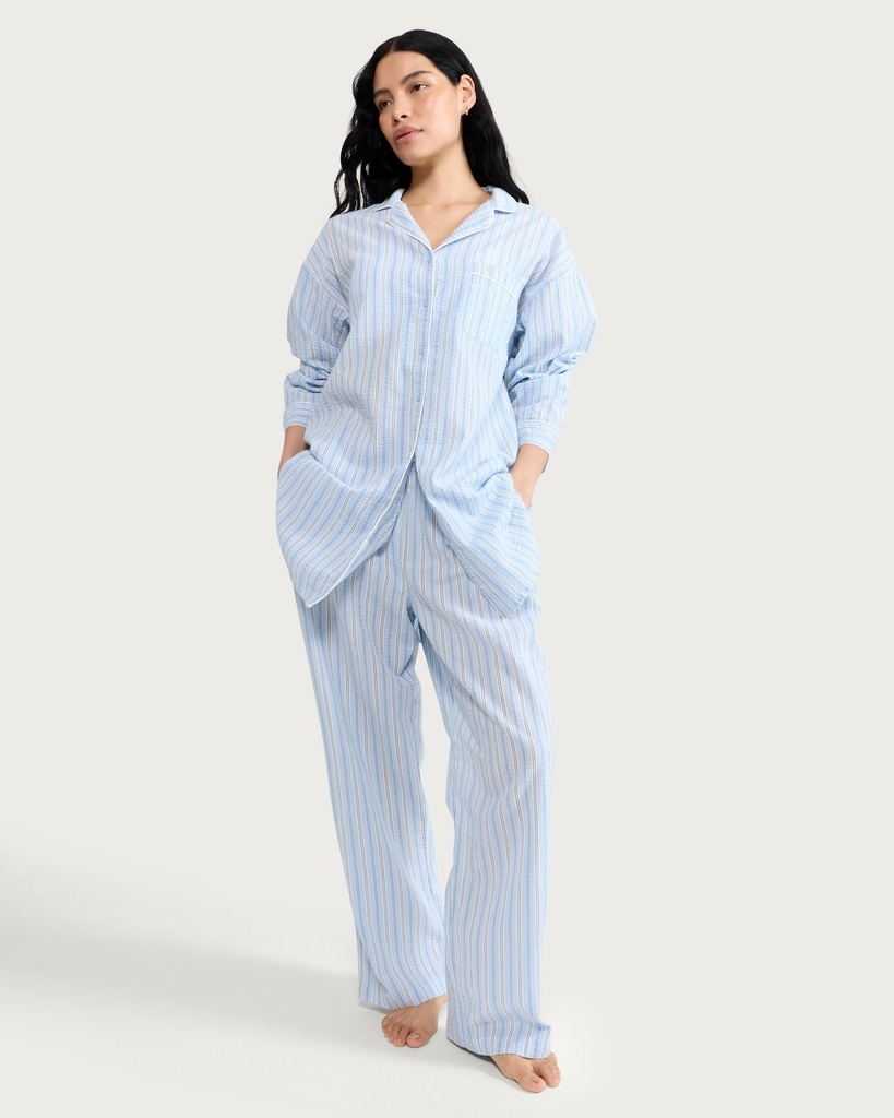 F&F Pure Cotton Textured Striped Pyjama Shirt in Multi Blue thumbnail 2