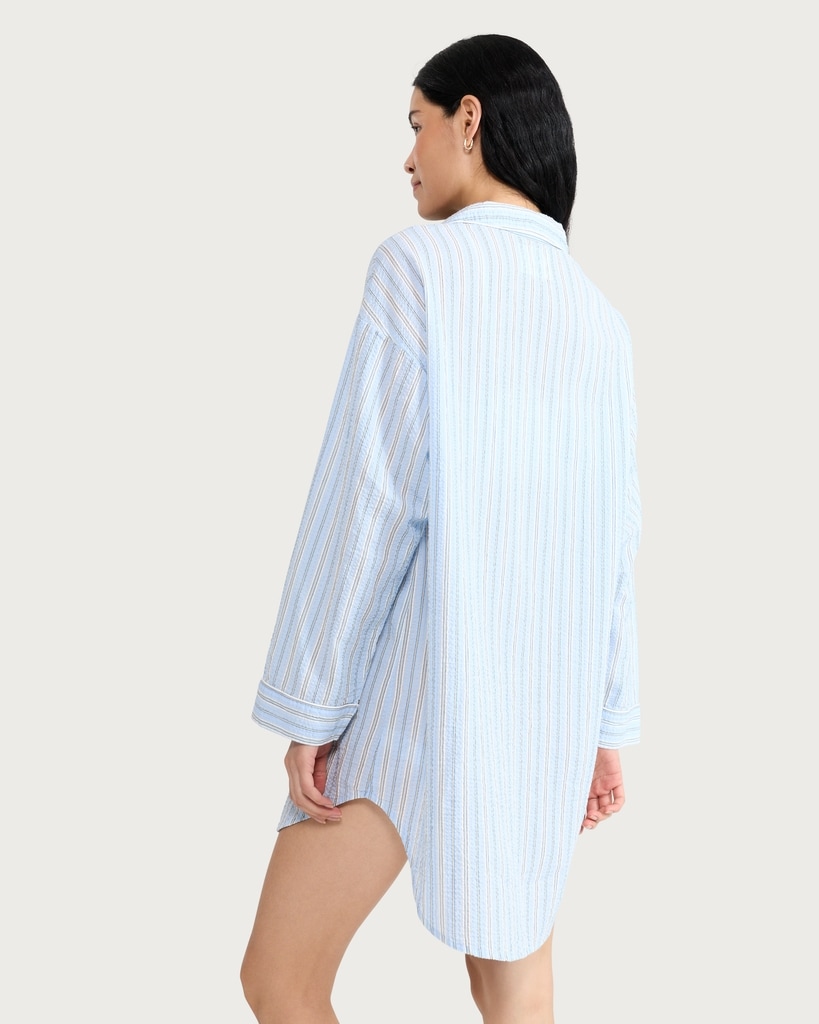 F&F Pure Cotton Textured Striped Pyjama Shirt in Multi Blue thumbnail 3