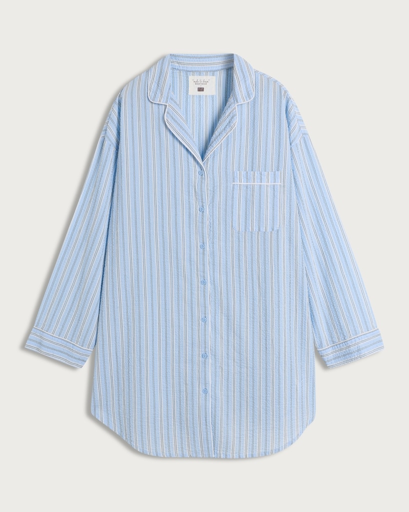F&F Pure Cotton Textured Striped Pyjama Shirt in Multi Blue thumbnail 4