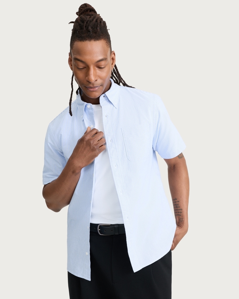 F&F Pure Cotton Striped Short Sleeved Shirt in Blue thumbnail 2