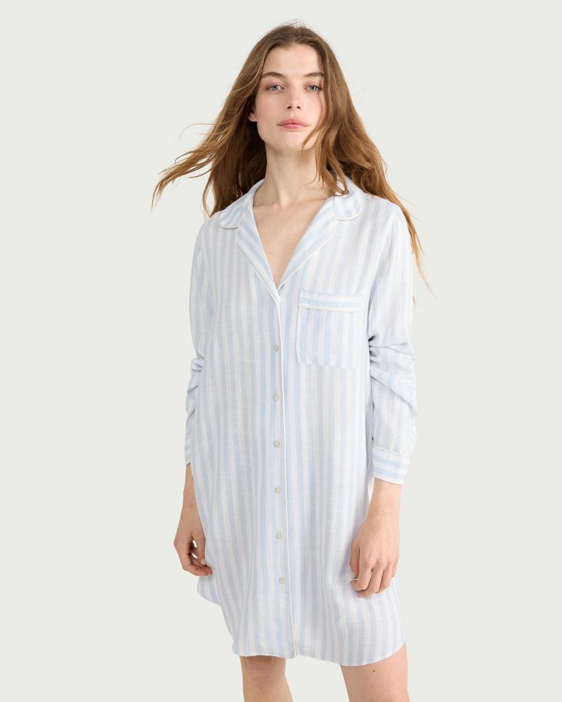 The F&F Edit Striped Button Up Pyjama Shirt in Multi Blue thumbnail 2