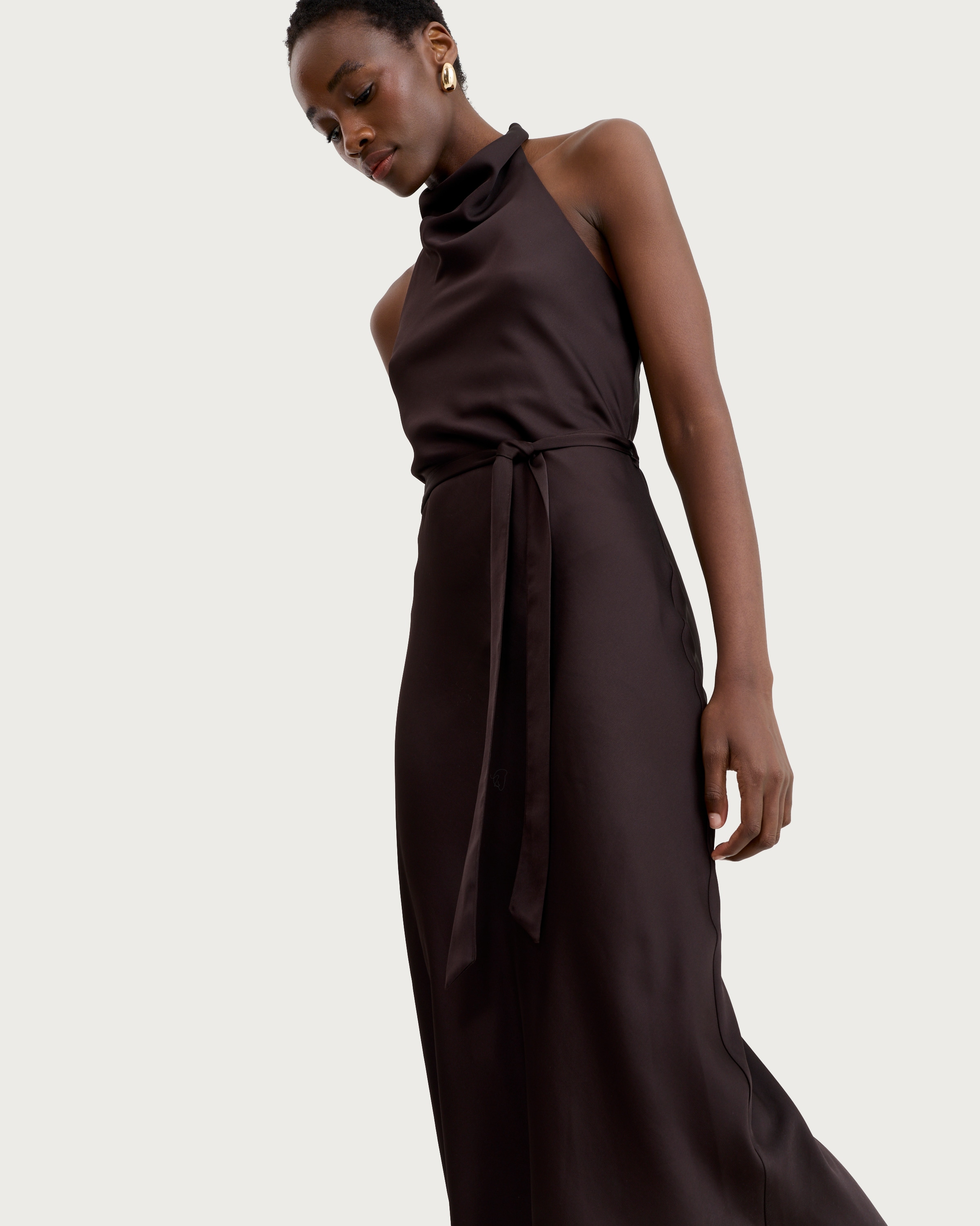 F&F Satin Cowl Neck Sleeveless Midi Dress in Chocolate
