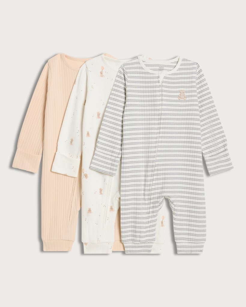 F&F Baby 3-Pack Cotton Rich Bear Print Long Sleeved Sleepsuits in White