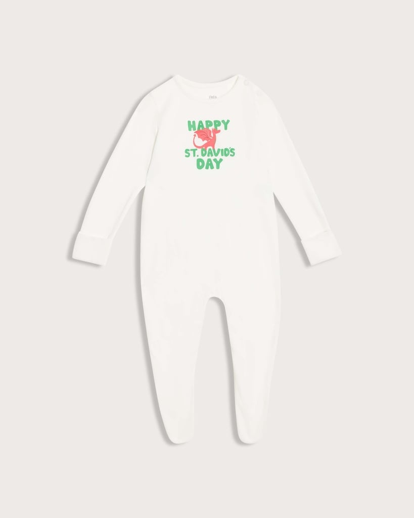 F&F Baby Pure Cotton Happy St. David's Day Sleepsuit in White