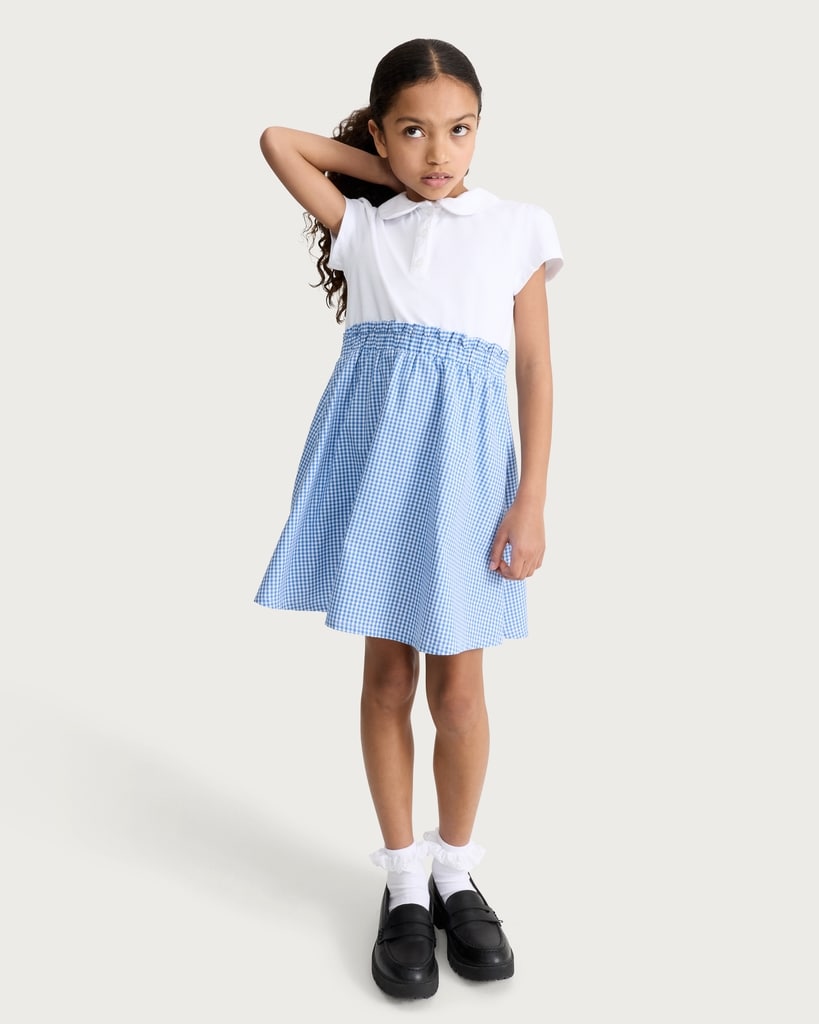 F&F School Girls Cotton Rich 2 in 1 Gingham Polo Dress in Blue