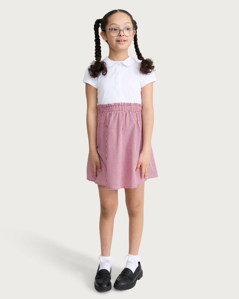 F&F School Girls Cotton Rich 2 in 1 Gingham Polo Dress in Red